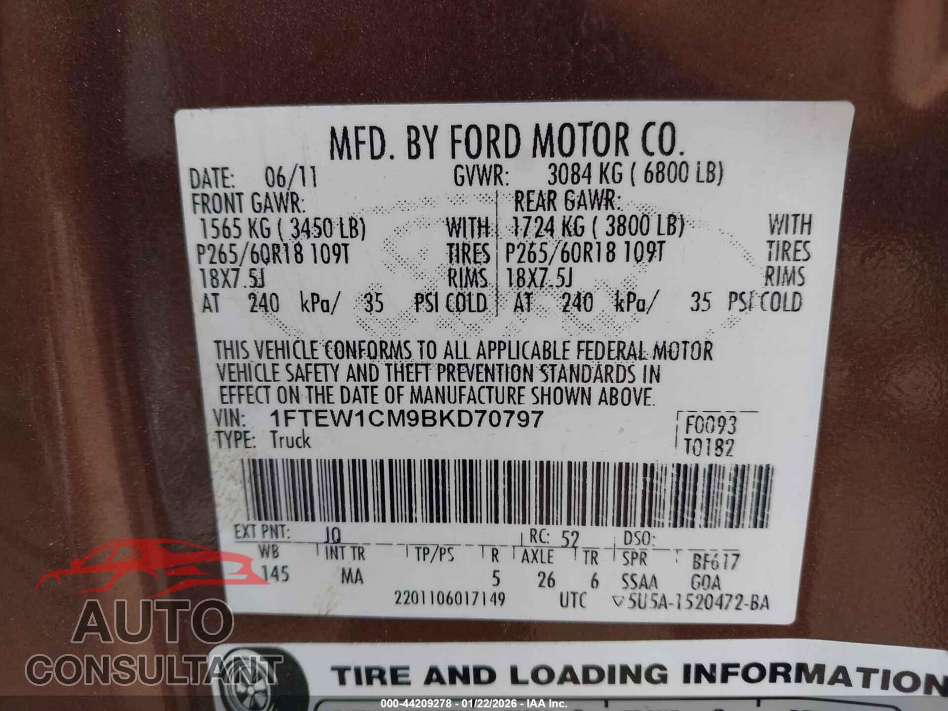 FORD F150 2011 - 1FTEW1CM9BKD70797
