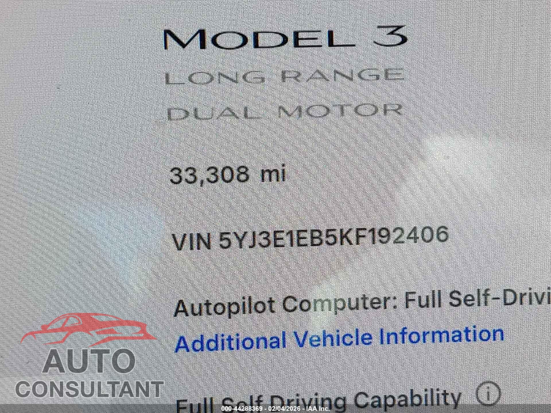 TESLA MODEL 3 2019 - 5YJ3E1EB5KF192406
