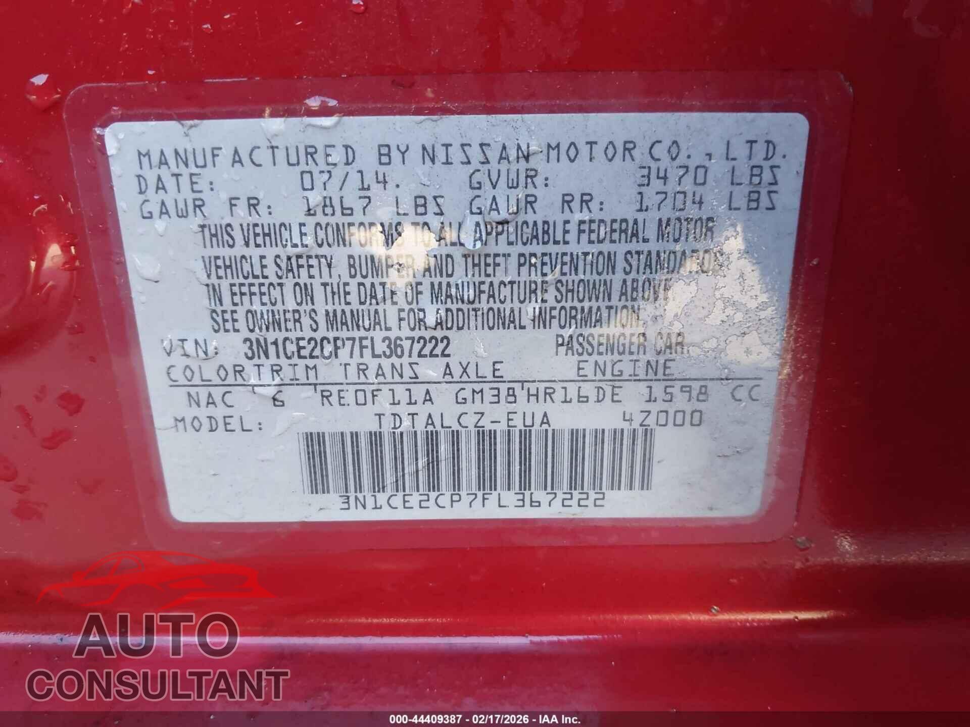 NISSAN VERSA NOTE 2015 - 3N1CE2CP7FL367222