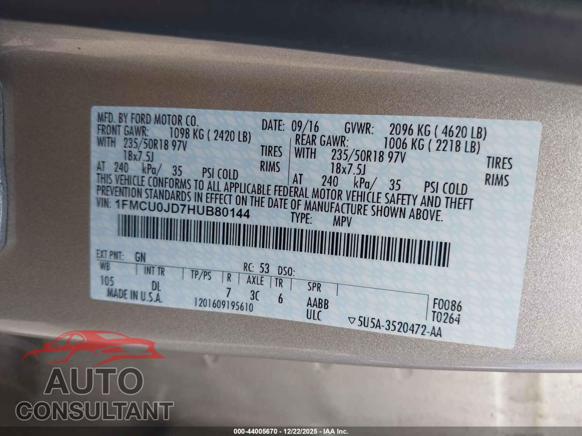 FORD ESCAPE 2017 - 1FMCU0JD7HUB80144