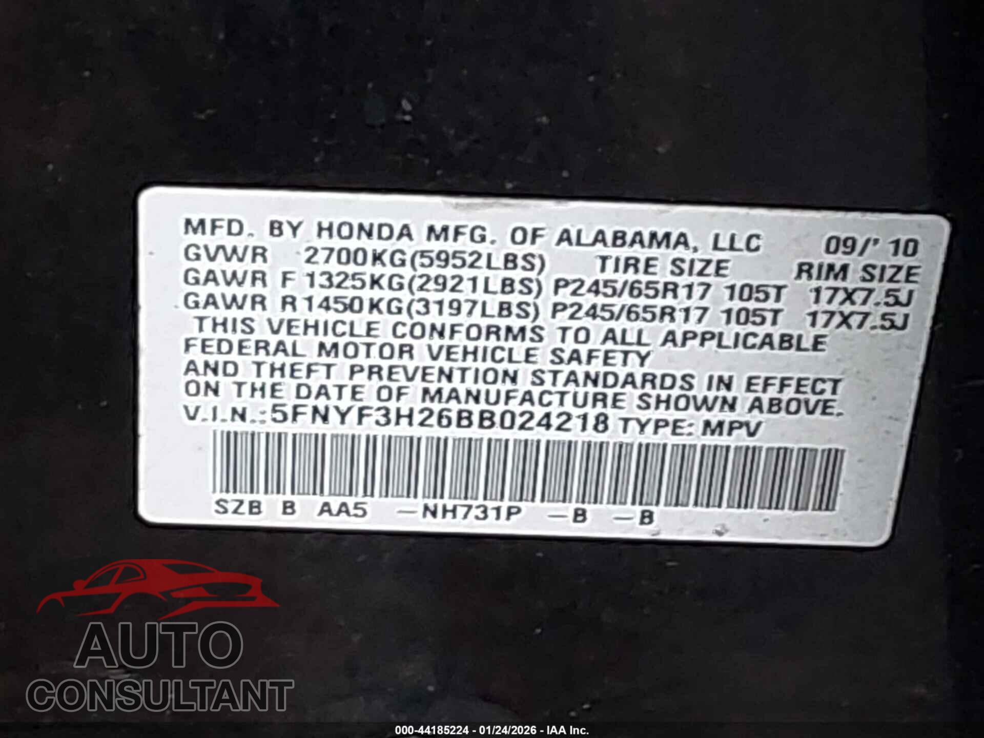 HONDA PILOT 2011 - 5FNYF3H26BB024218