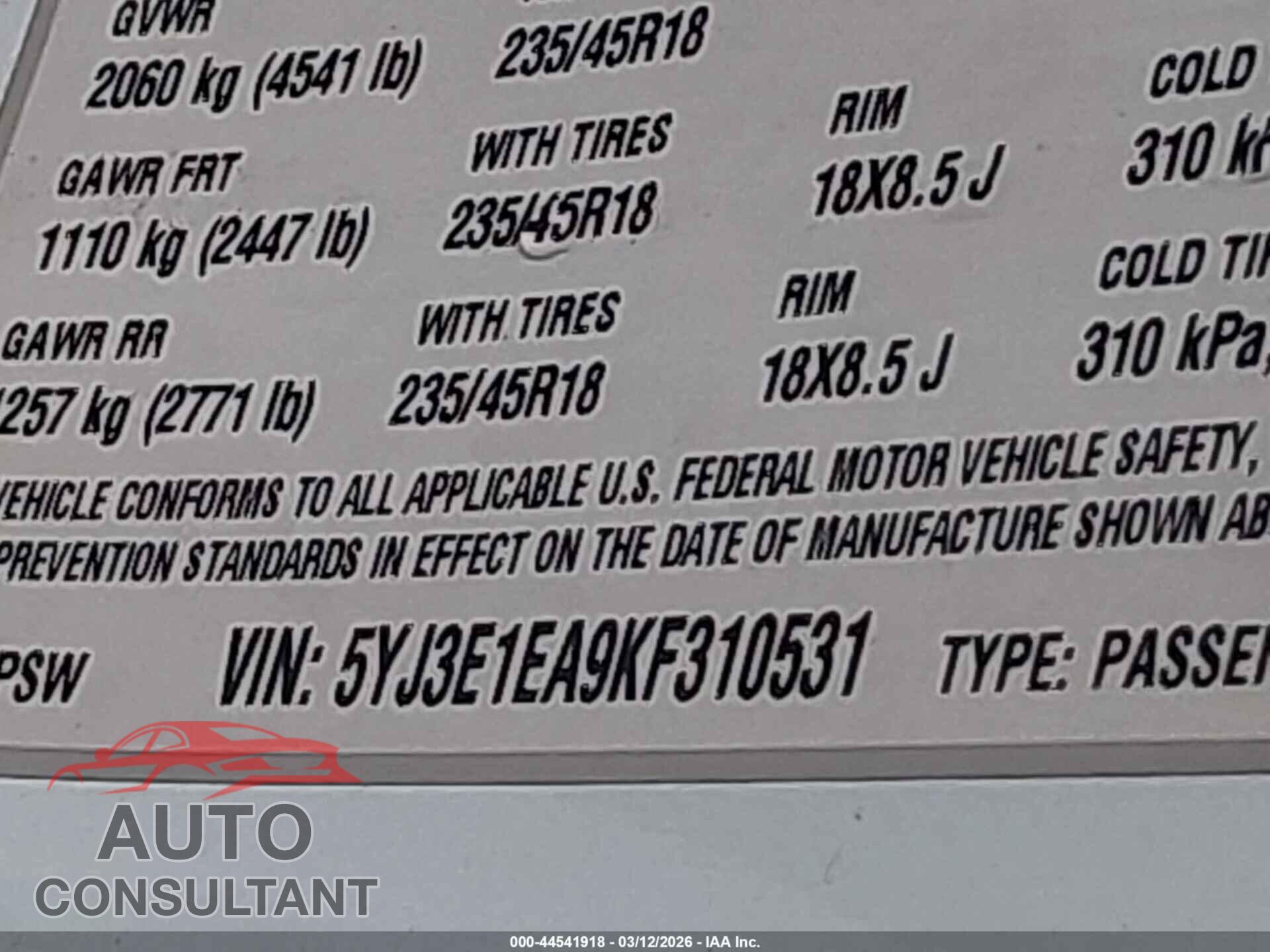 TESLA MODEL 3 2019 - 5YJ3E1EA9KF310531