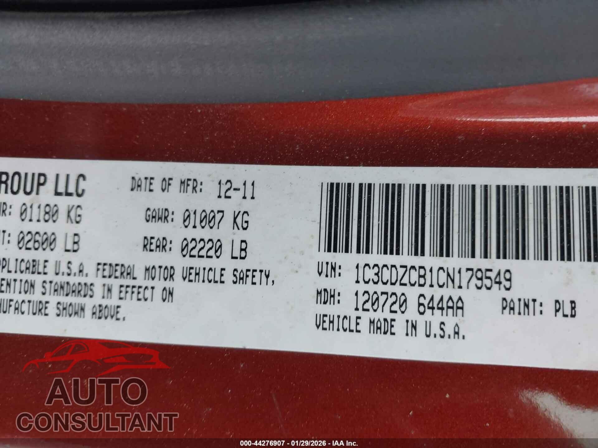 DODGE AVENGER 2012 - 1C3CDZCB1CN179549