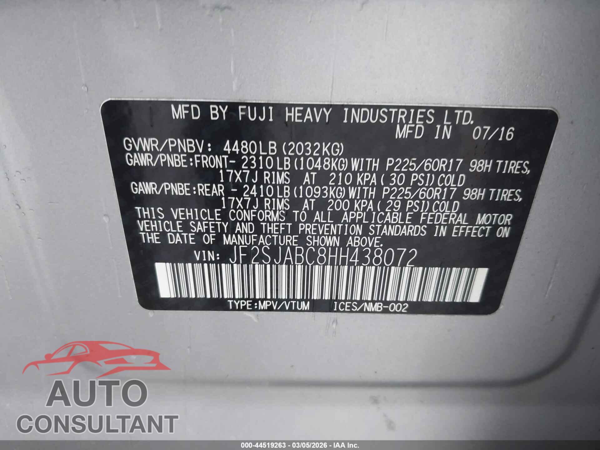 SUBARU FORESTER 2017 - JF2SJABC8HH438072