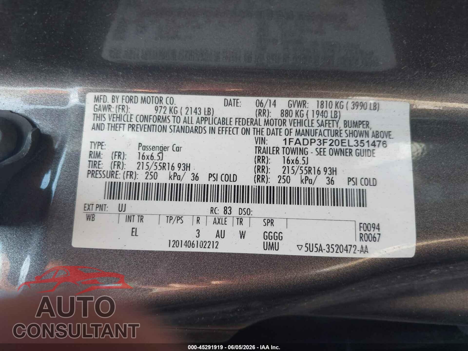 FORD FOCUS 2014 - 1FADP3F20EL351476