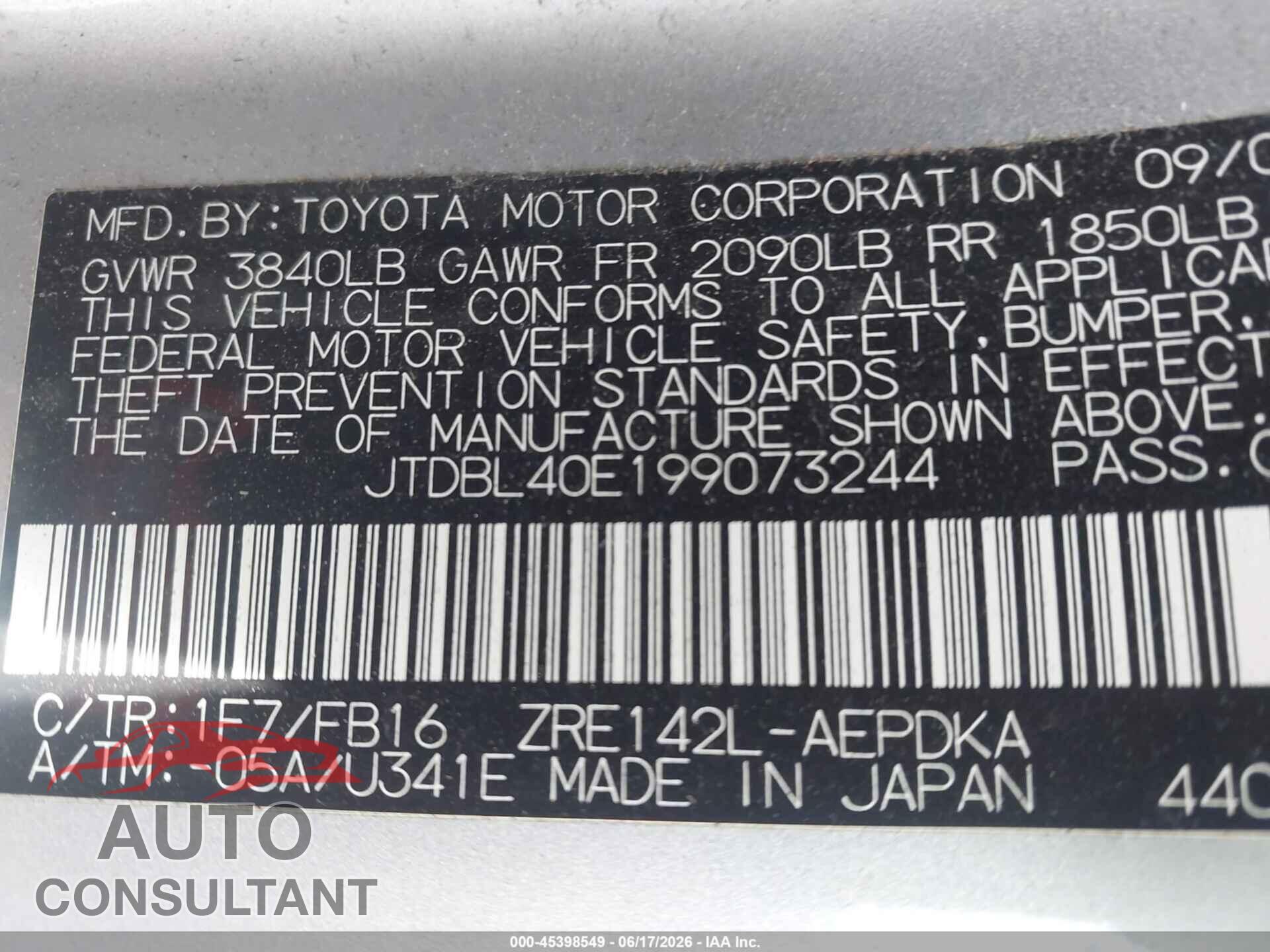 TOYOTA COROLLA 2009 - JTDBL40E199073244