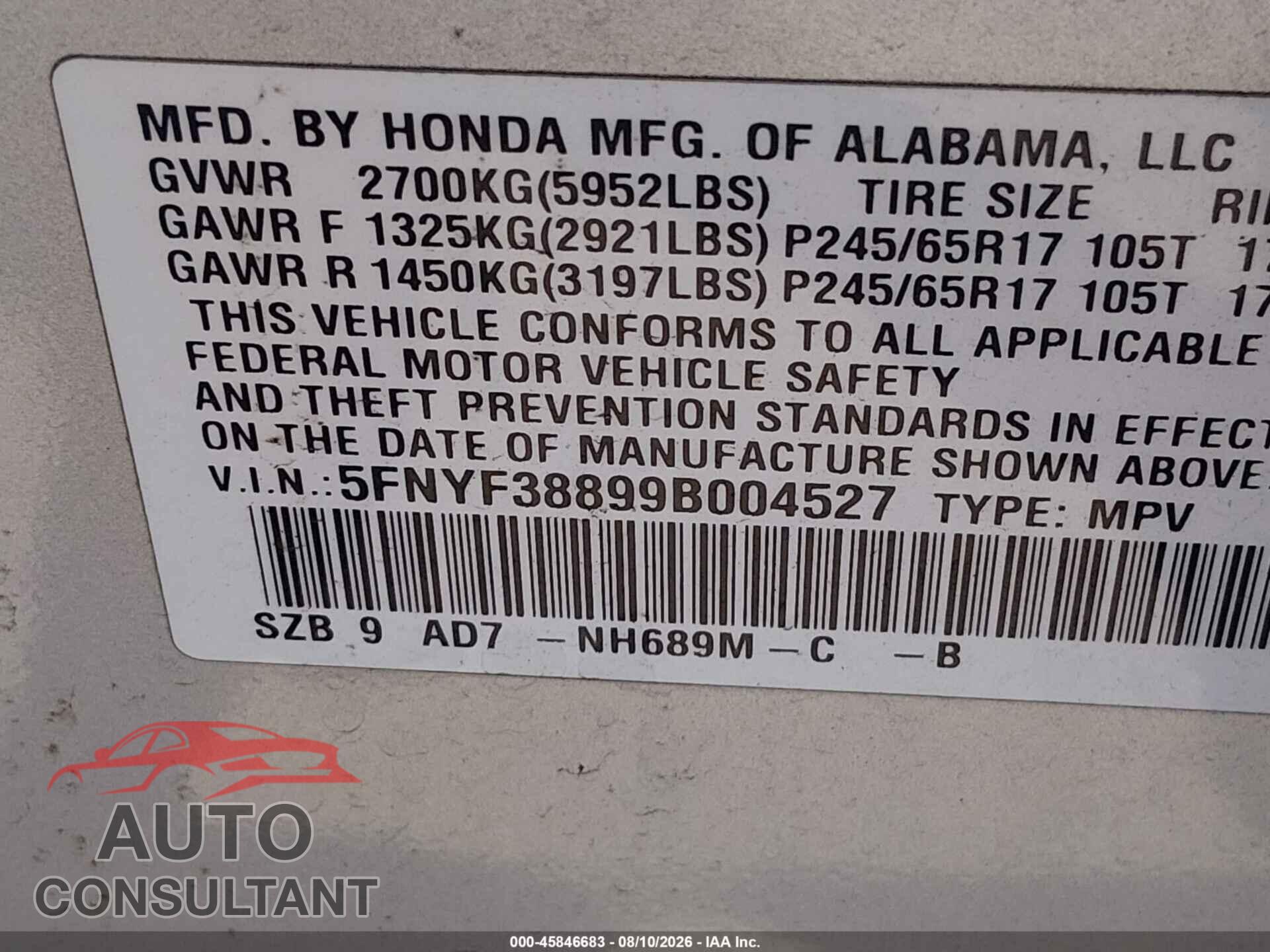 HONDA PILOT 2009 - 5FNYF38899B004527