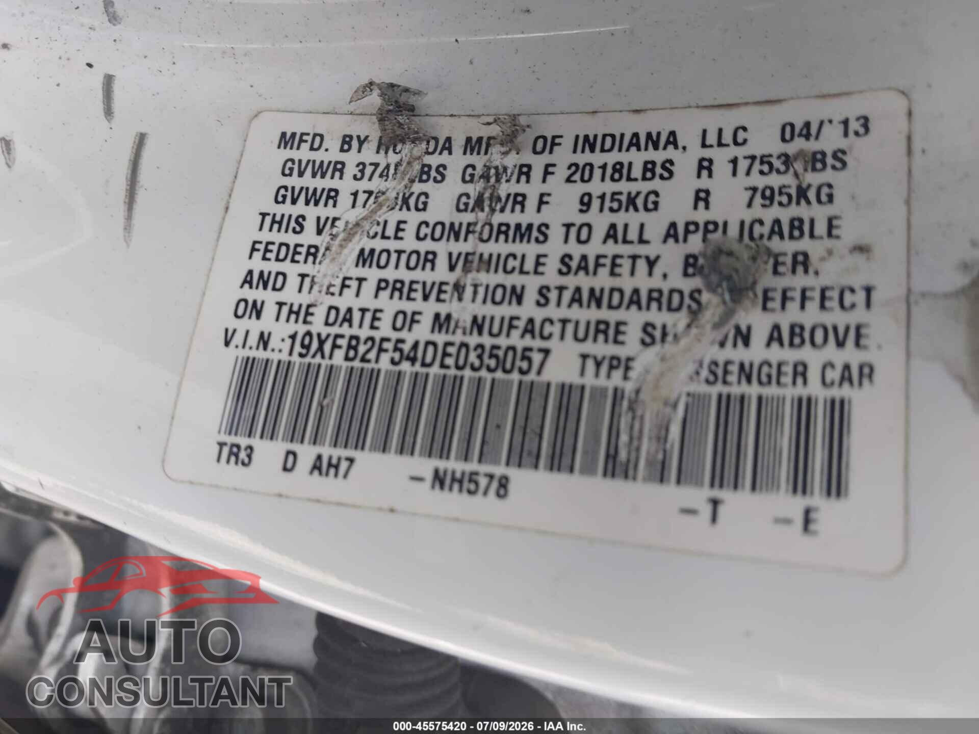 HONDA CIVIC 2013 - 19XFB2F54DE035057