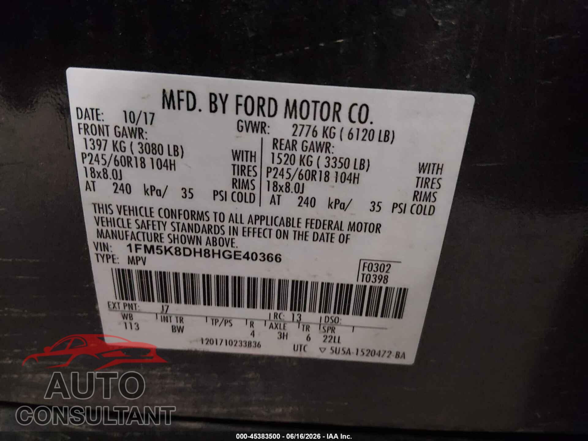 FORD EXPLORER 2017 - 1FM5K8DH8HGE40366