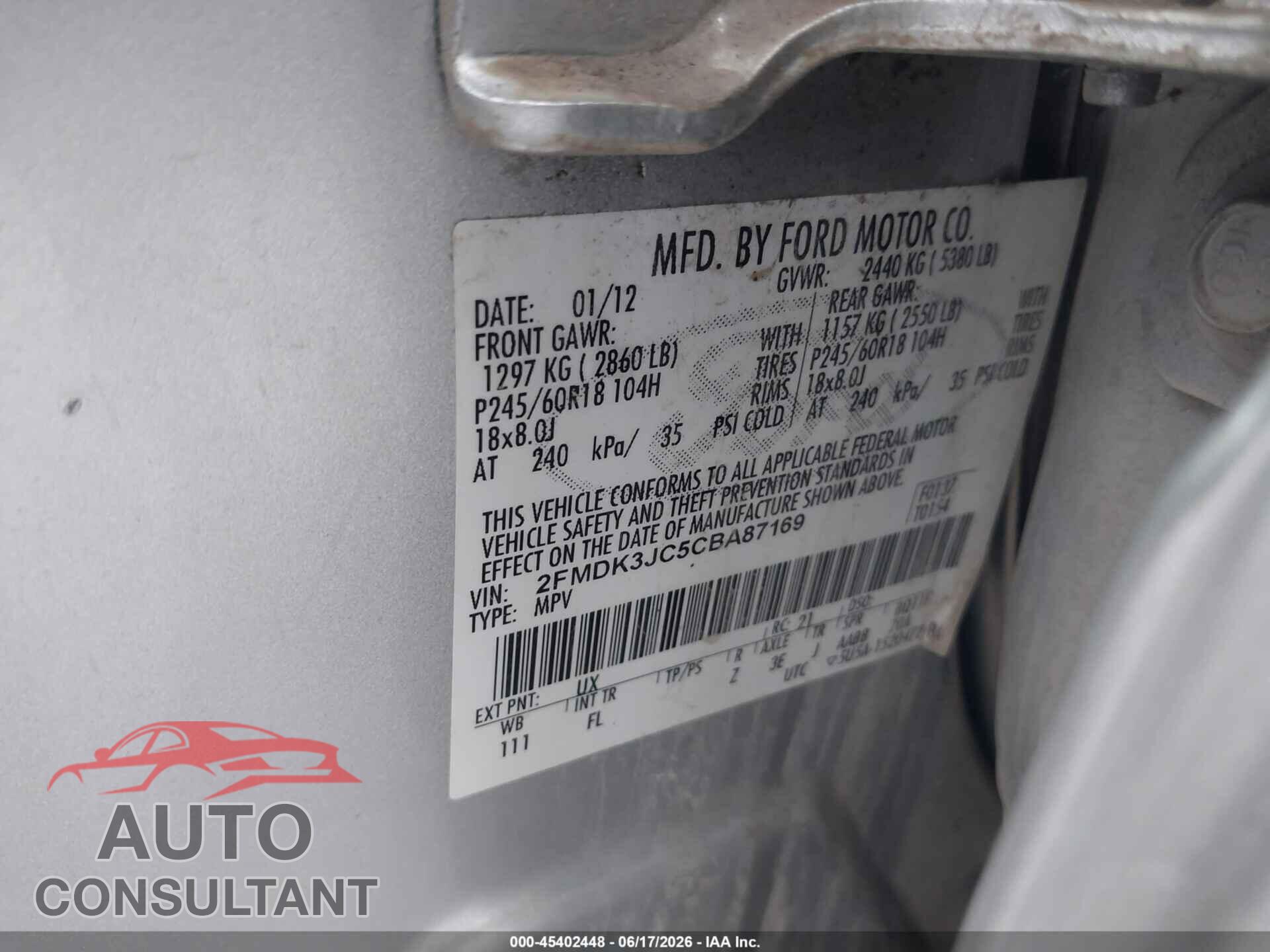 FORD EDGE 2012 - 2FMDK3JC5CBA87169
