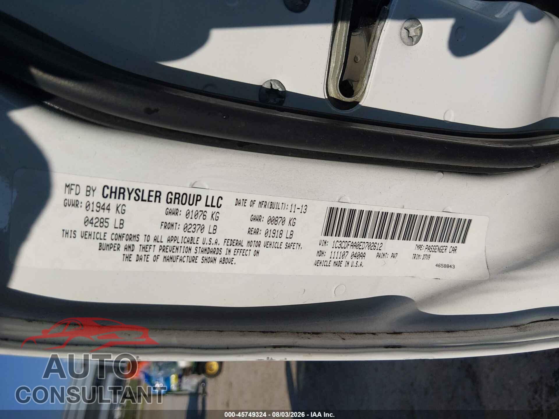 DODGE DART 2014 - 1C3CDFAA0ED702612
