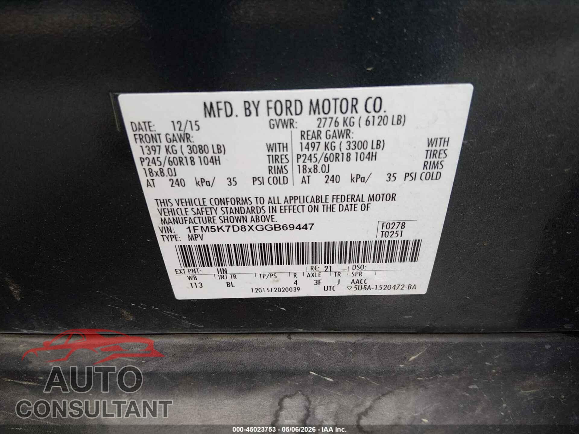 FORD EXPLORER 2016 - 1FM5K7D8XGGB69447