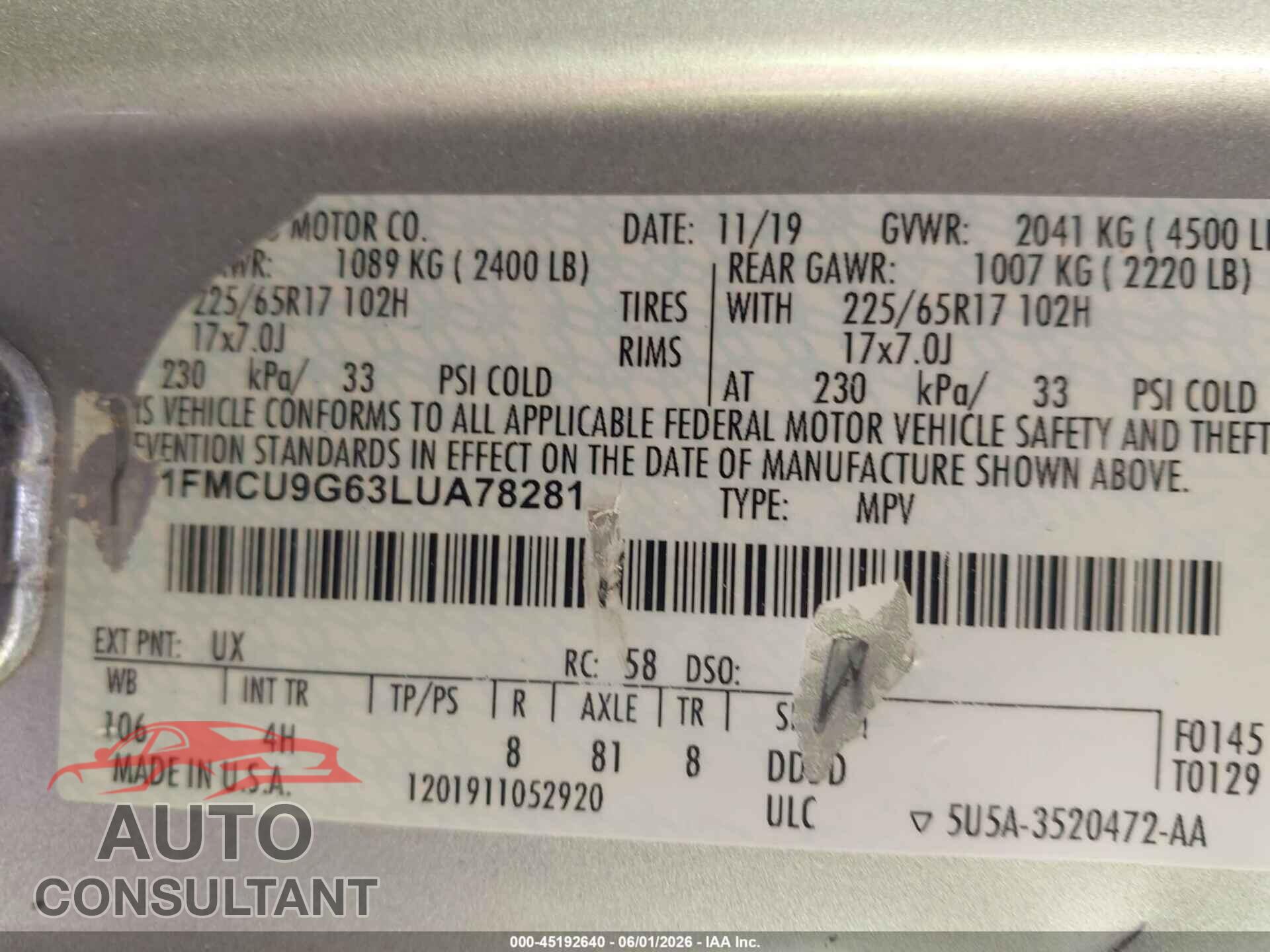 FORD ESCAPE 2020 - 1FMCU9G63LUA78281