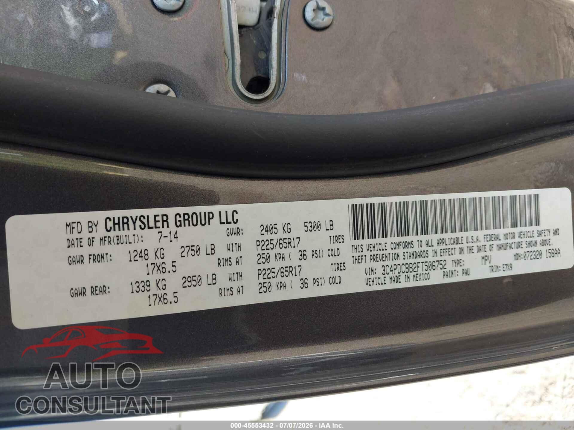 DODGE JOURNEY 2015 - 3C4PDCBB2FT506752