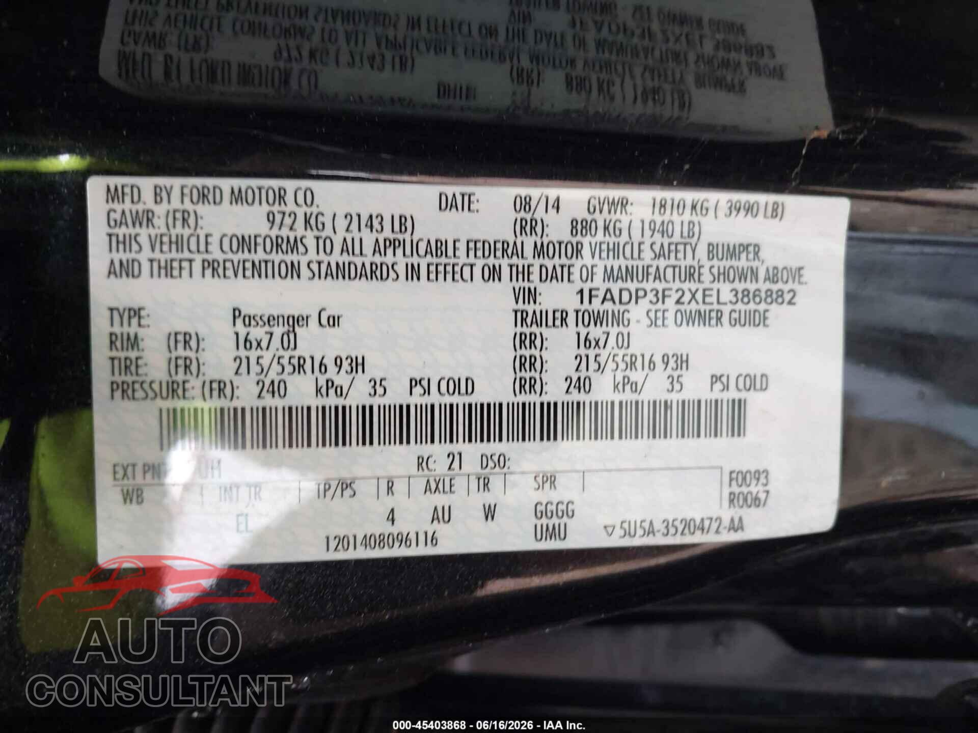 FORD FOCUS 2014 - 1FADP3F2XEL386882