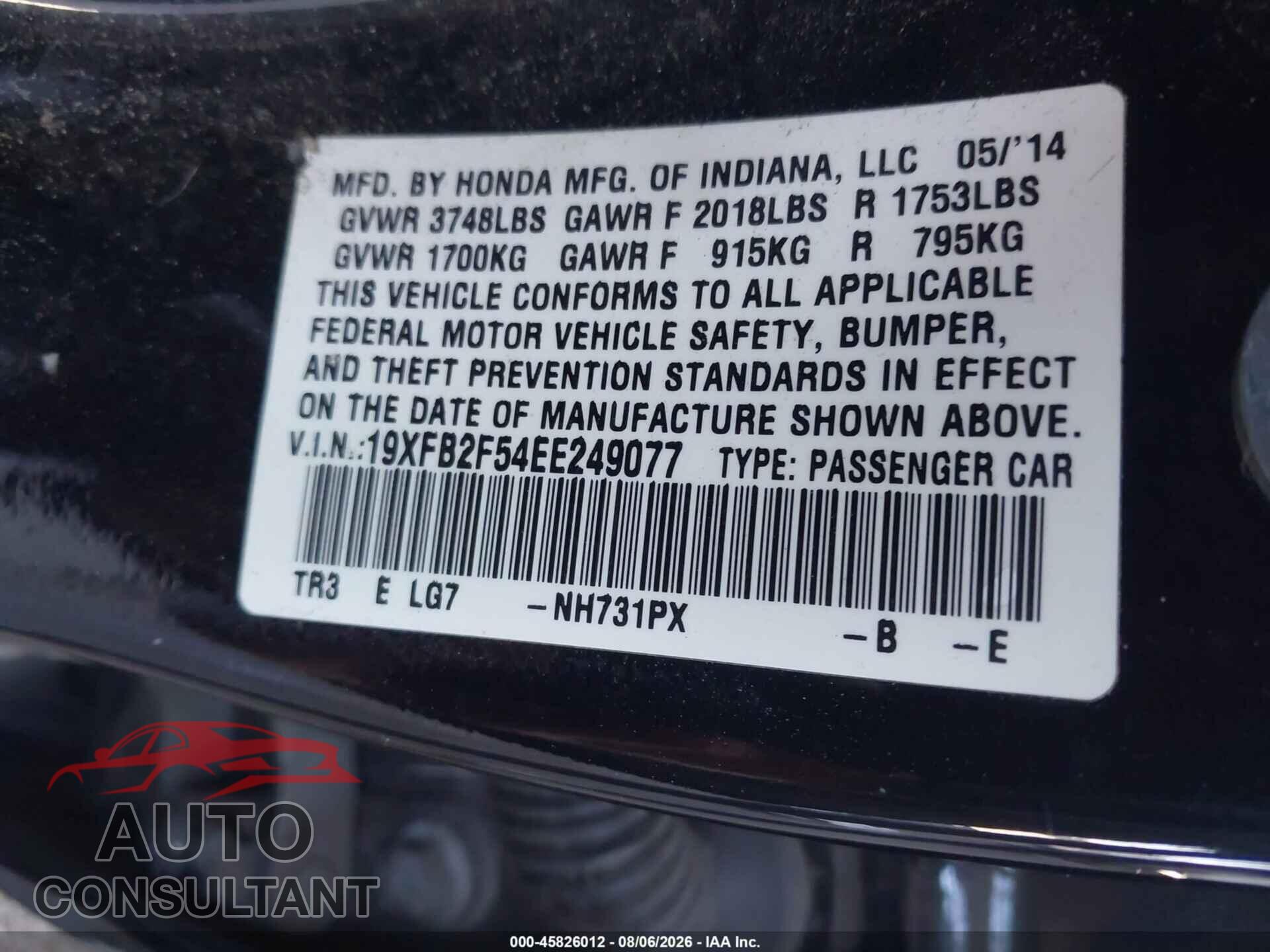 HONDA CIVIC 2014 - 19XFB2F54EE249077
