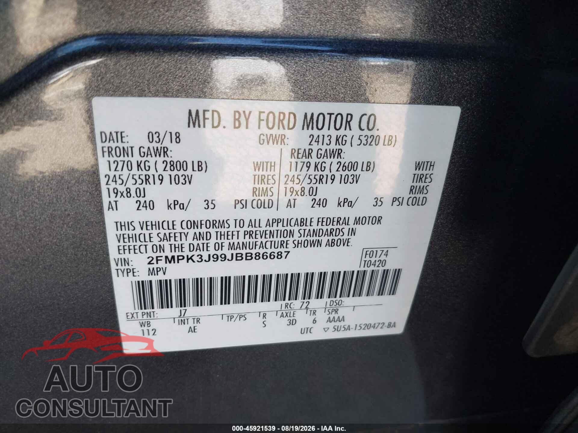 FORD EDGE 2018 - 2FMPK3J99JBB86687