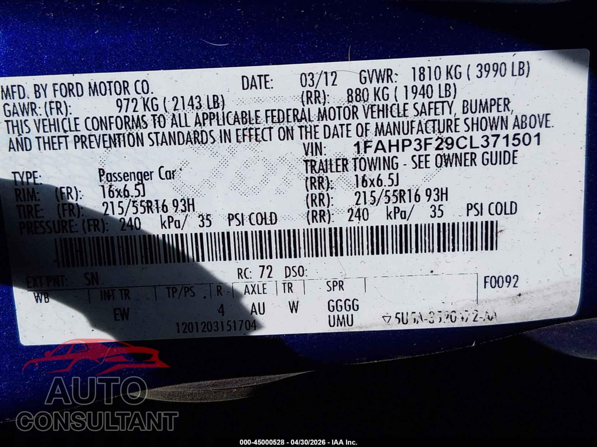 FORD FOCUS 2012 - 1FAHP3F29CL371501