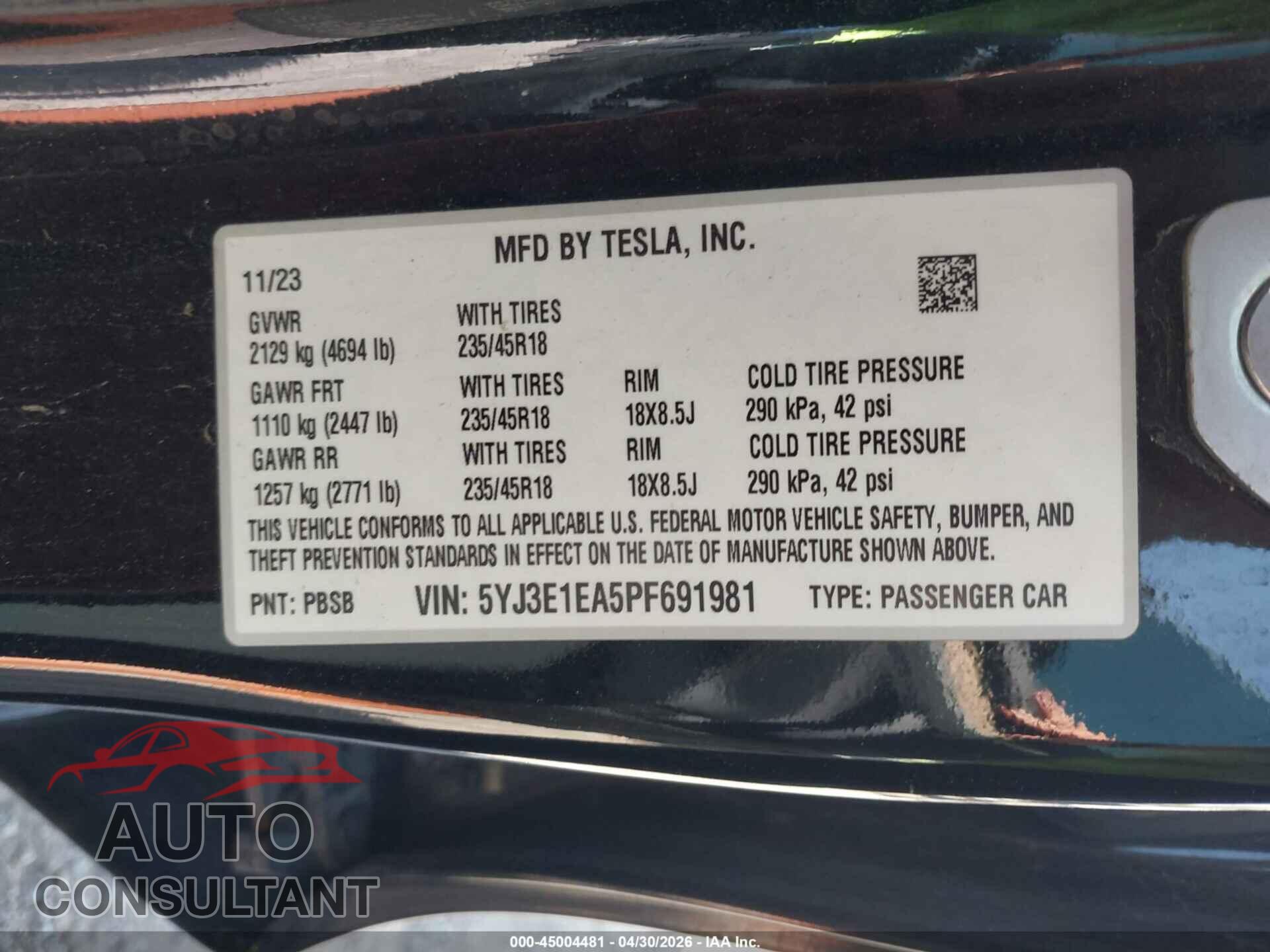 TESLA MODEL 3 2023 - 5YJ3E1EA5PF691981