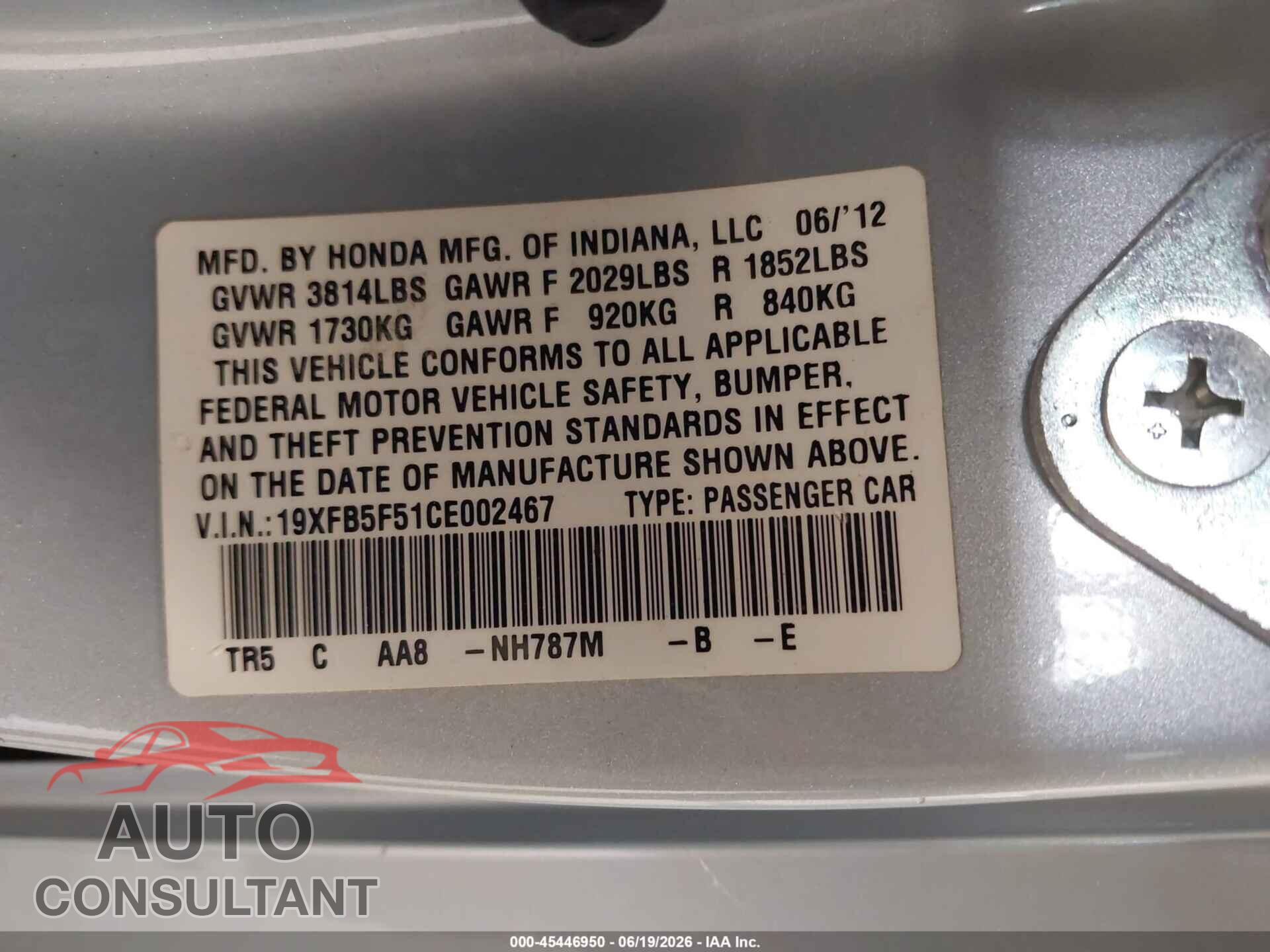 HONDA CIVIC 2012 - 19XFB5F51CE002467