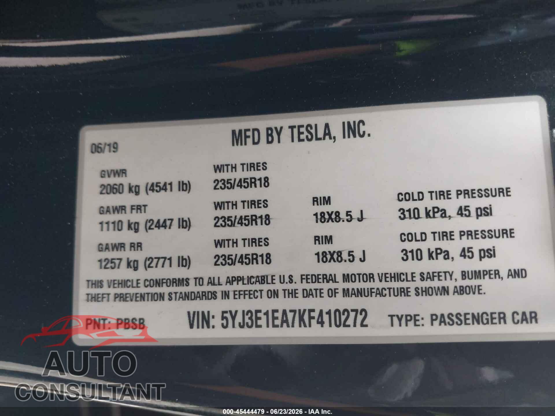 TESLA MODEL 3 2019 - 5YJ3E1EA7KF410272
