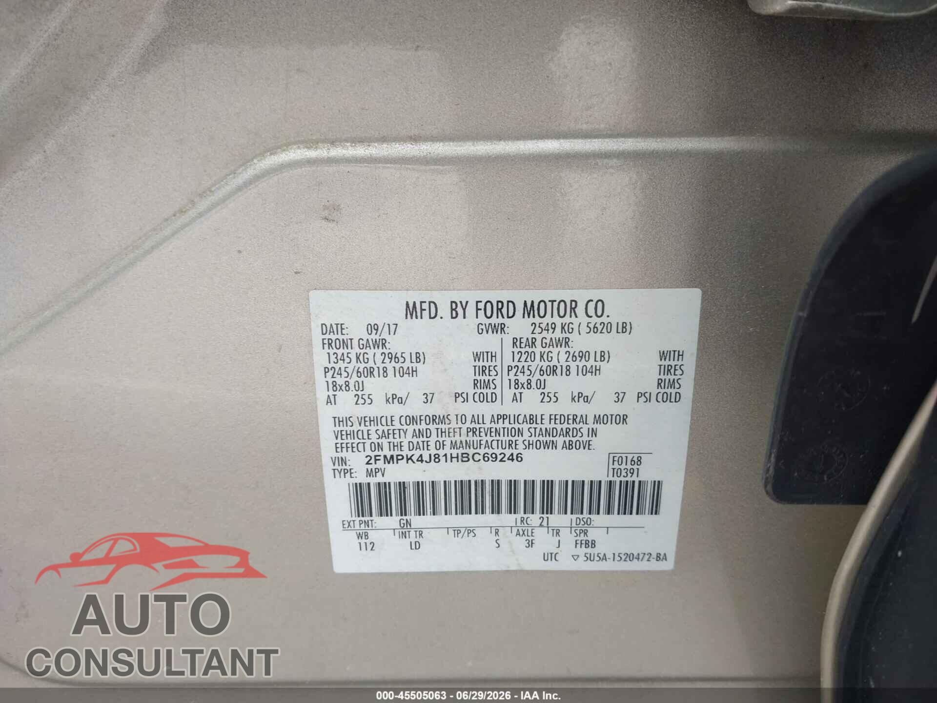 FORD EDGE 2017 - 2FMPK4J81HBC69246