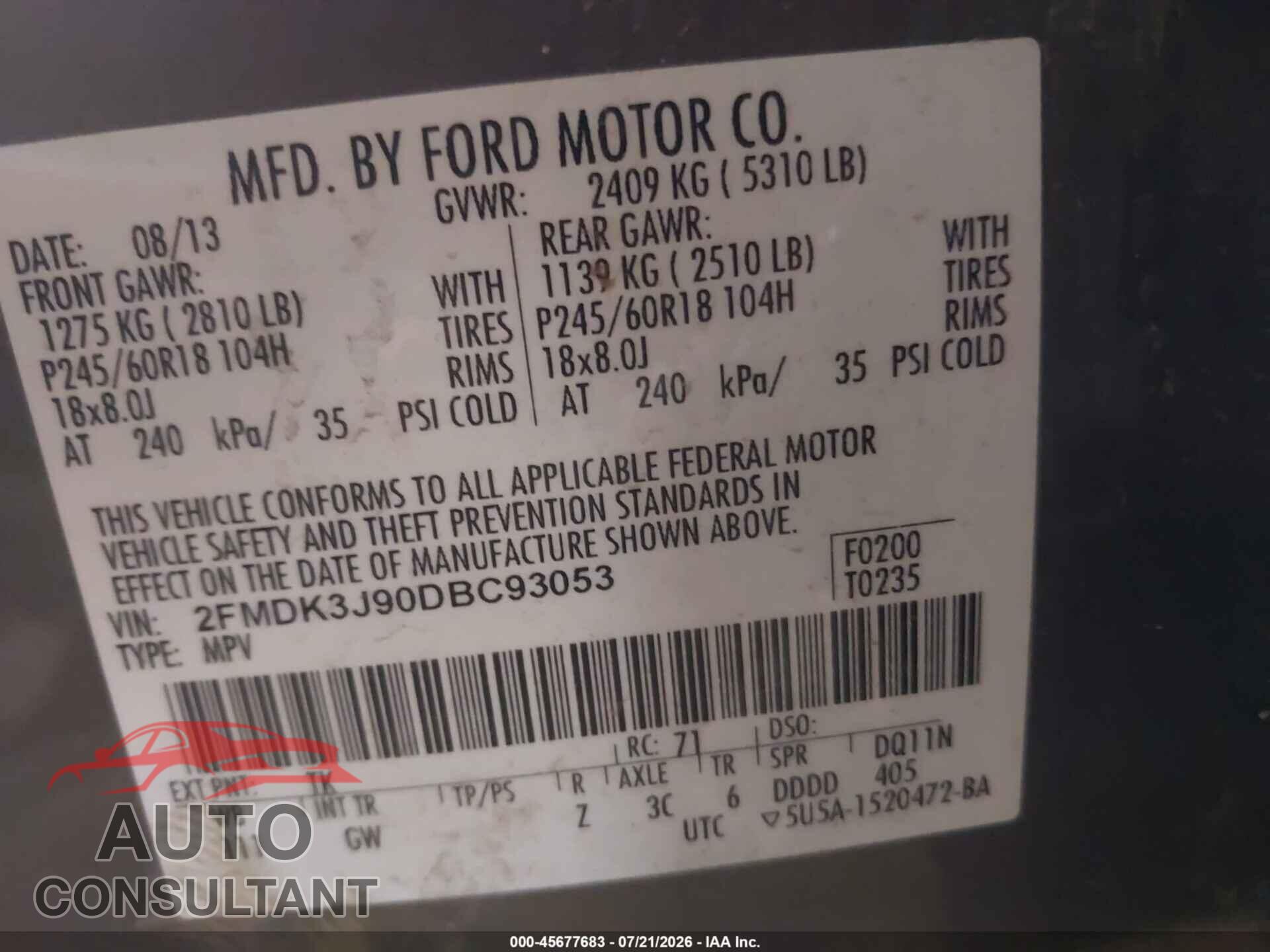 FORD EDGE 2013 - 2FMDK3J90DBC93053