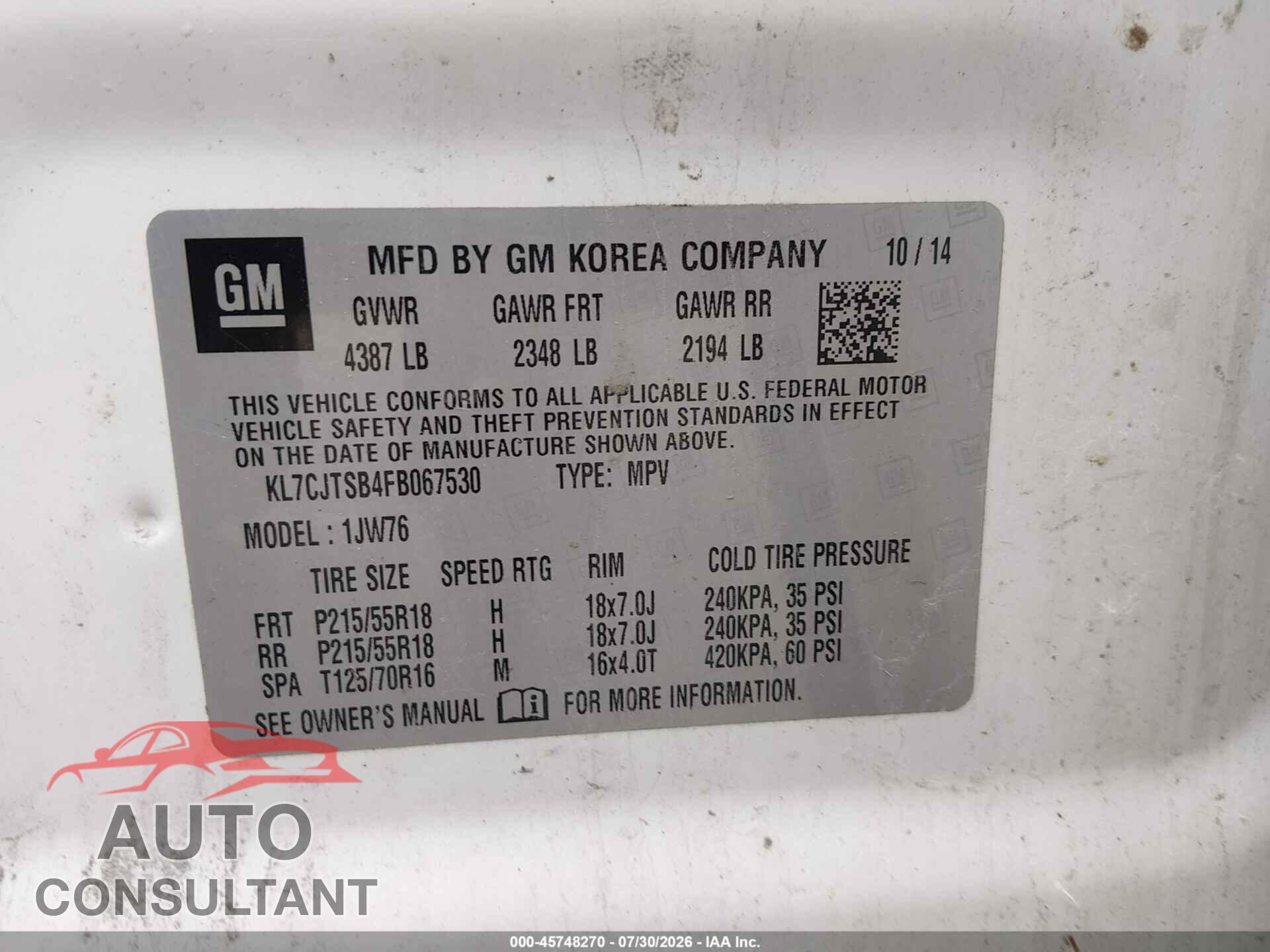 CHEVROLET TRAX 2015 - KL7CJTSB4FB067530