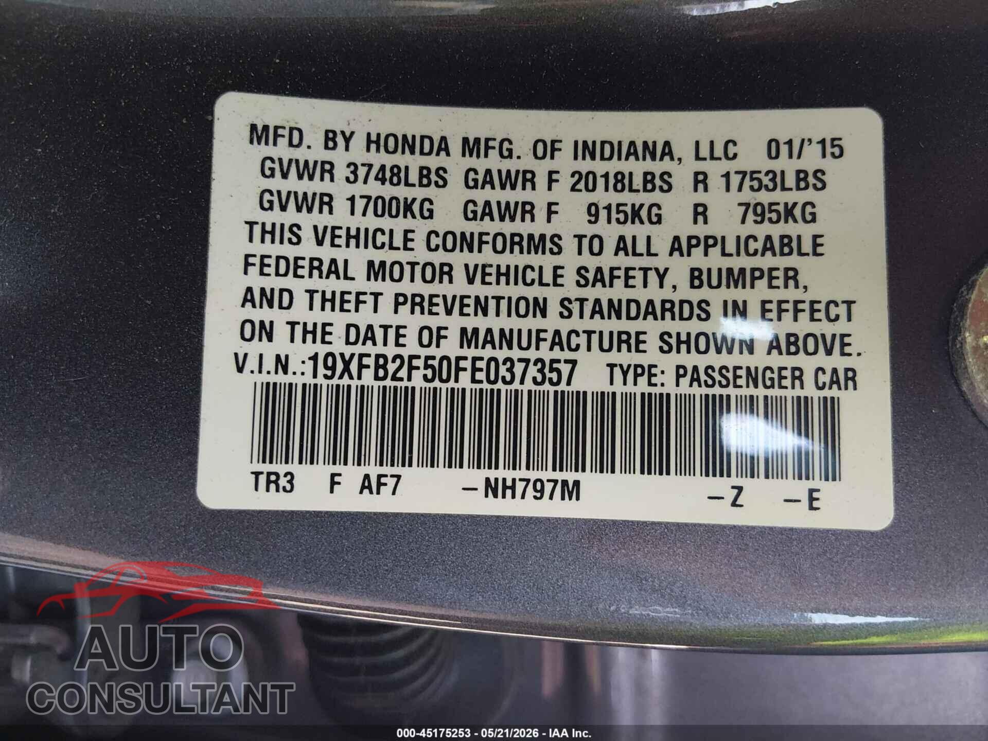 HONDA CIVIC 2015 - 19XFB2F50FE037357