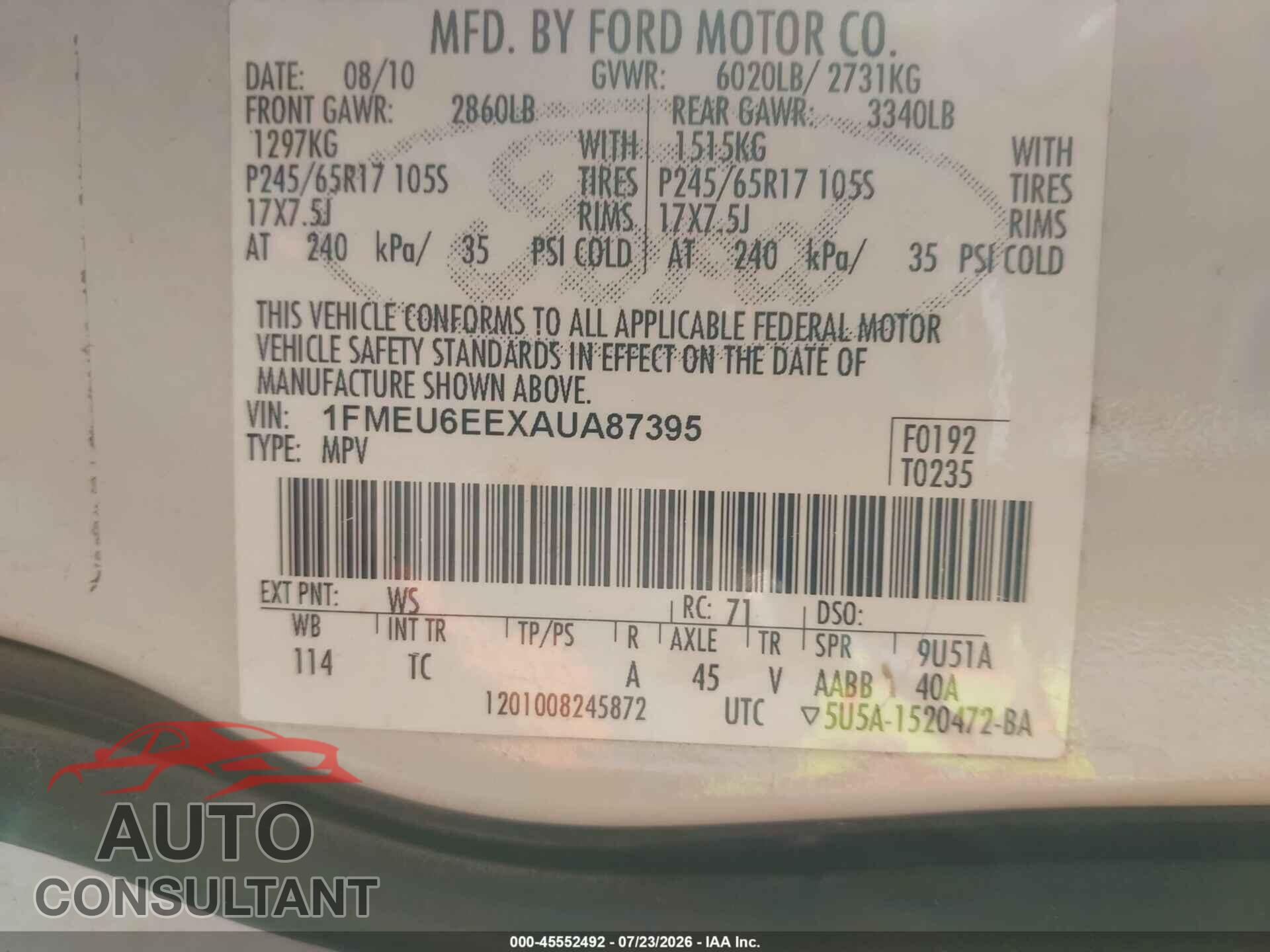 FORD EXPLORER 2010 - 1FMEU6EEXAUA87395