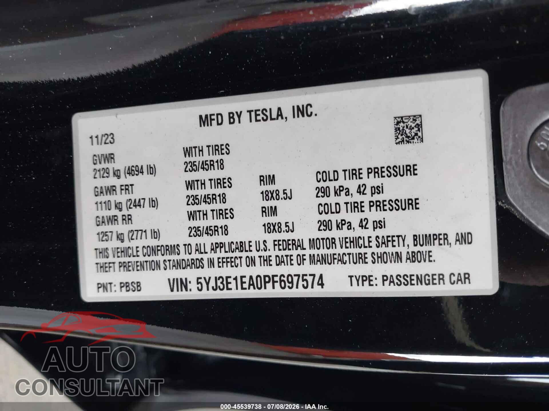 TESLA MODEL 3 2023 - 5YJ3E1EA0PF697574