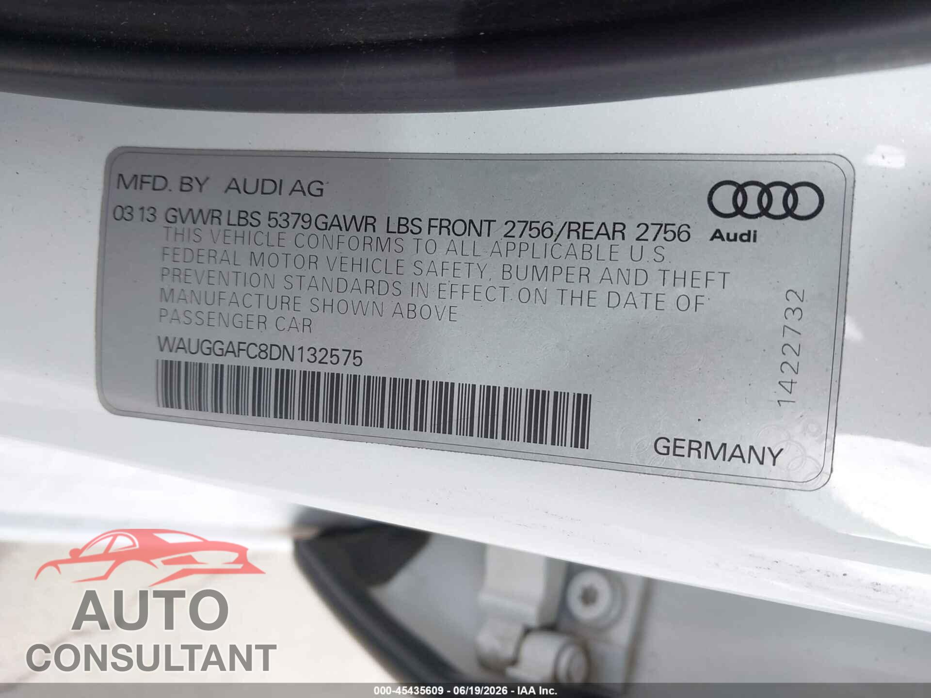 AUDI A6 2013 - WAUGGAFC8DN132575