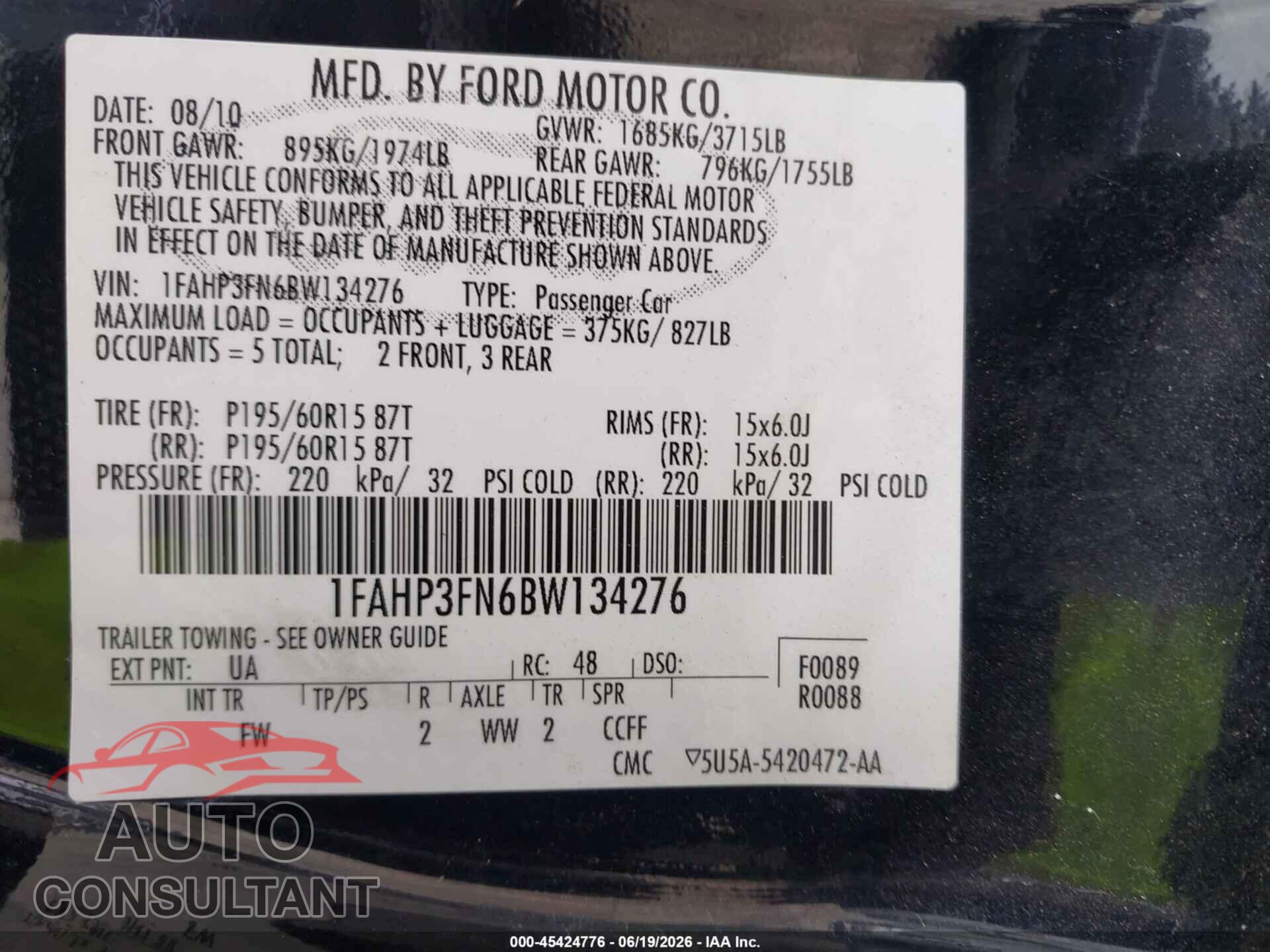 FORD FOCUS 2011 - 1FAHP3FN6BW134276