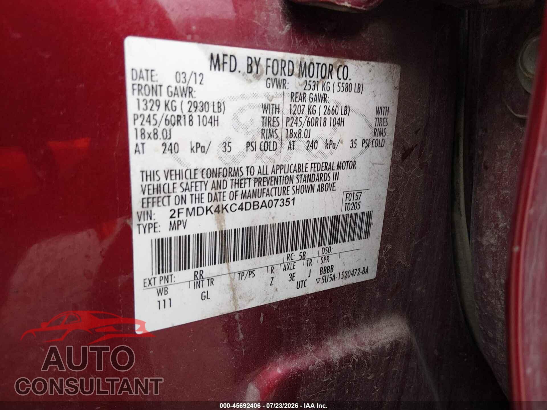 FORD EDGE 2013 - 2FMDK4KC4DBA07351