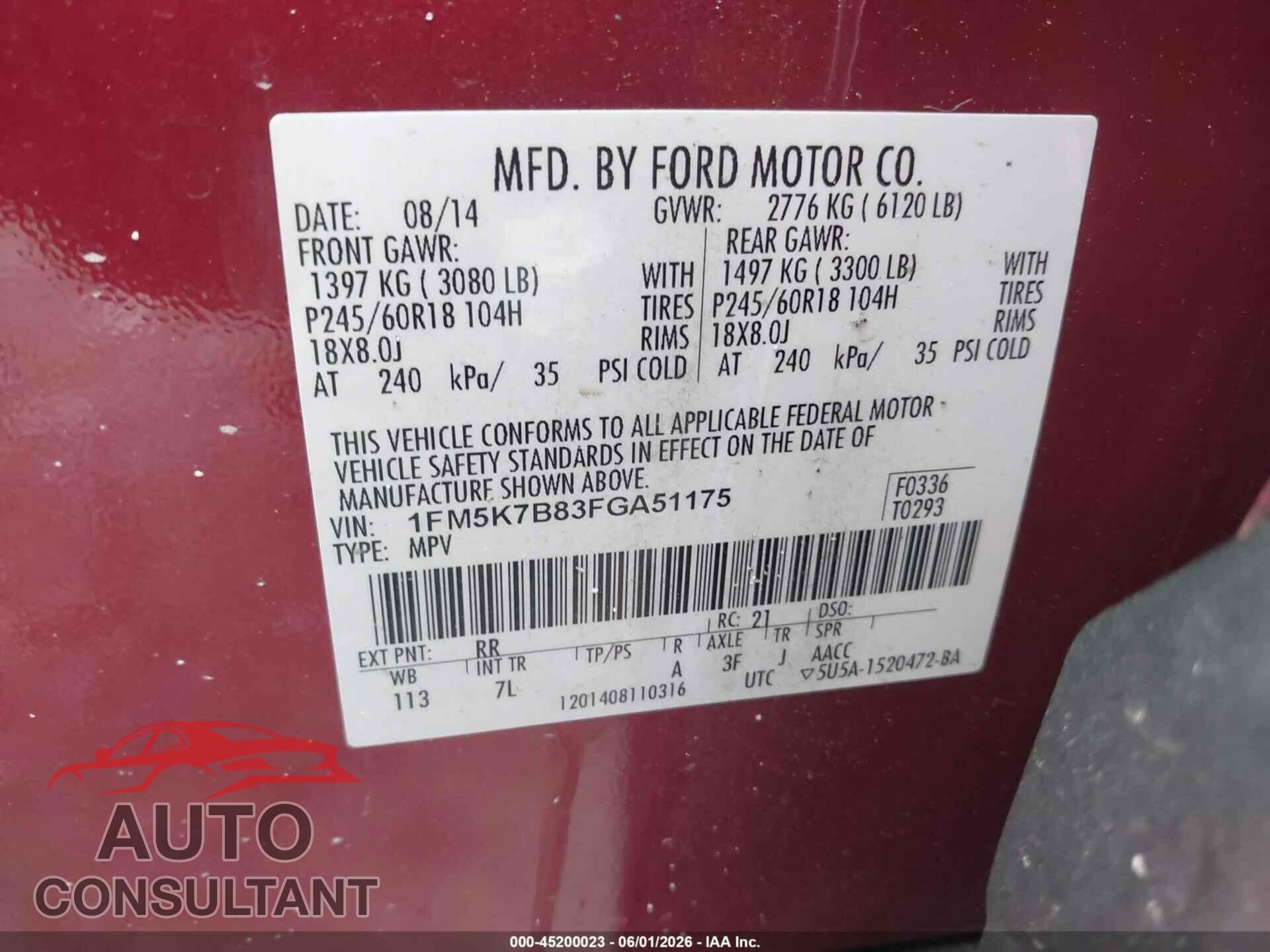 FORD EXPLORER 2015 - 1FM5K7B83FGA51175