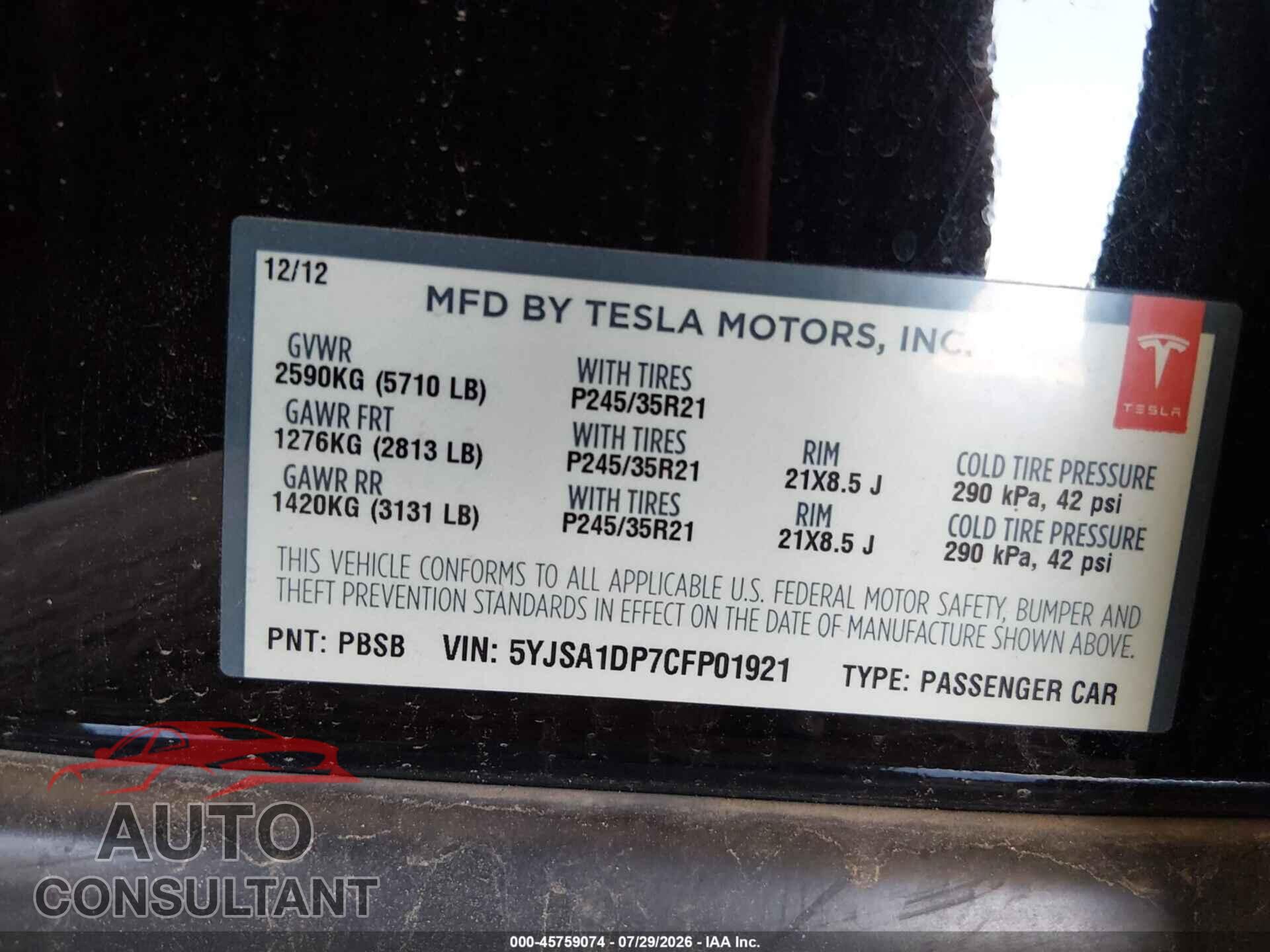TESLA MODEL S 2012 - 5YJSA1DP7CFP01921