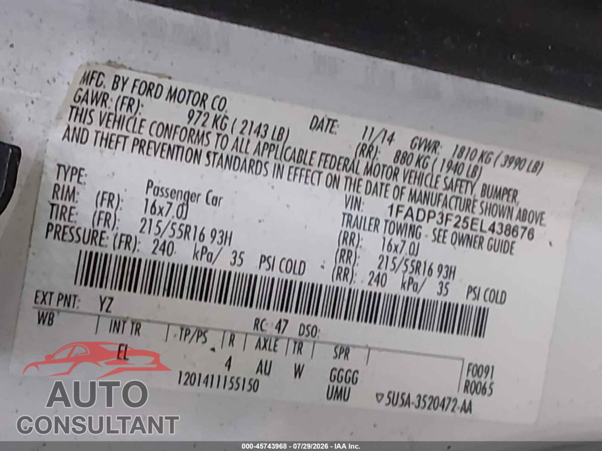FORD FOCUS 2014 - 1FADP3F25EL438676