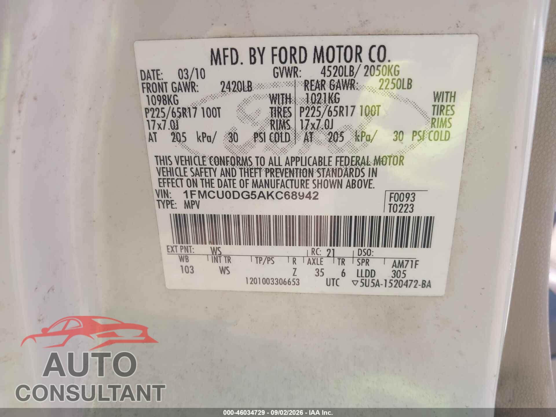 FORD ESCAPE 2010 - 1FMCU0DG5AKC68942