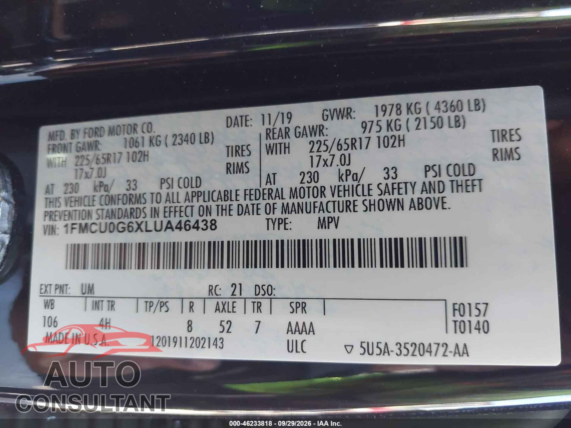 FORD ESCAPE 2020 - 1FMCU0G6XLUA46438