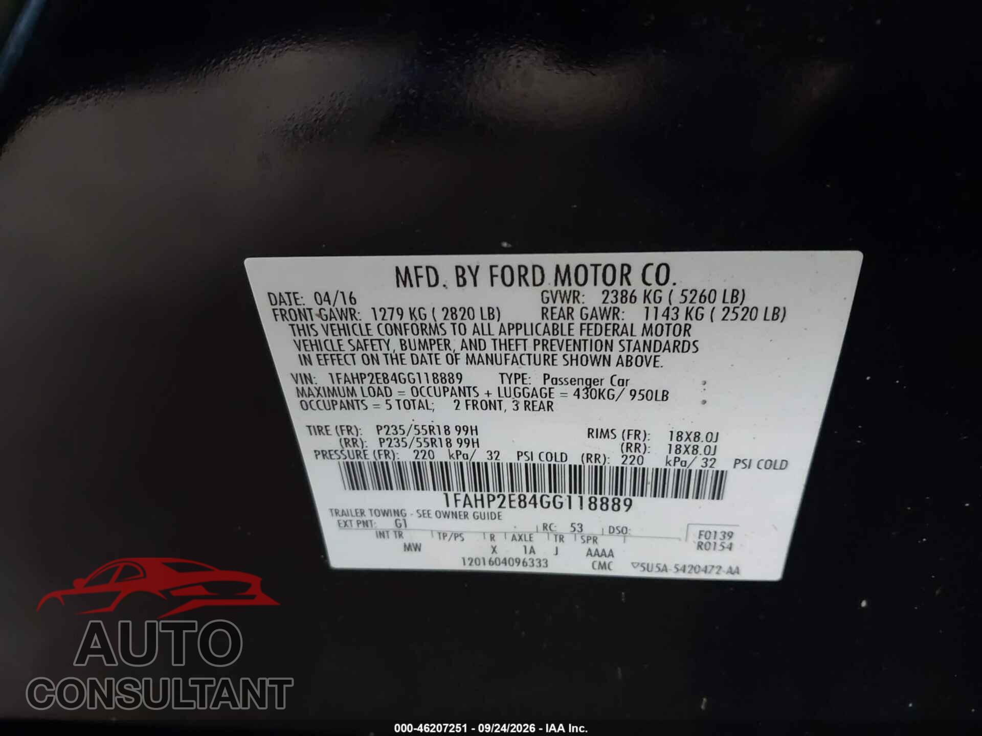 FORD TAURUS 2016 - 1FAHP2E84GG118889