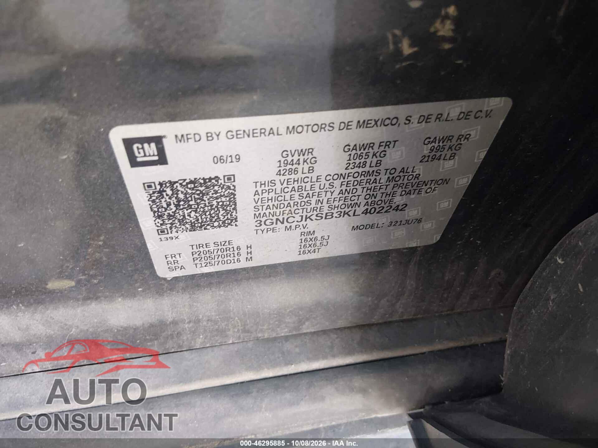 CHEVROLET TRAX 2019 - 3GNCJKSB3KL402242