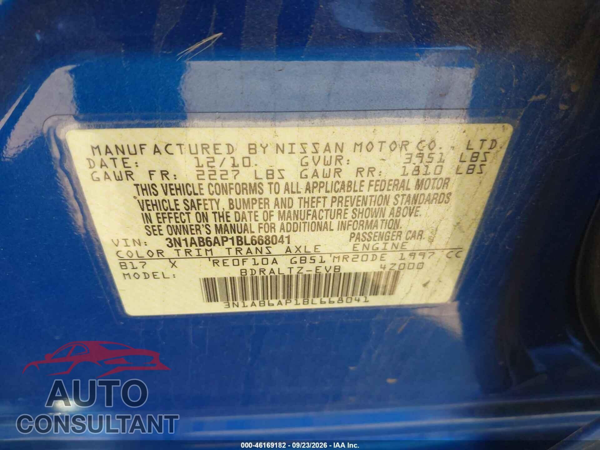 NISSAN SENTRA 2011 - 3N1AB6AP1BL668041