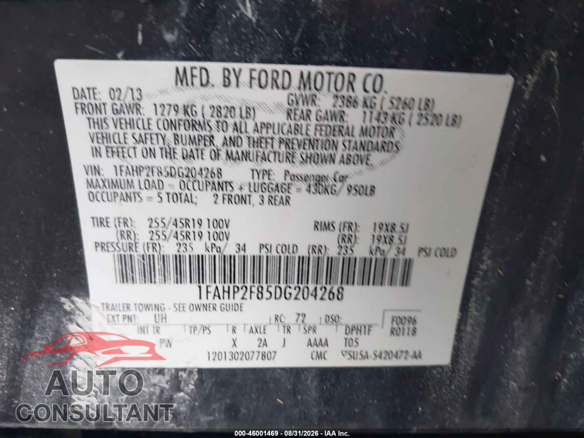 FORD TAURUS 2013 - 1FAHP2F85DG204268