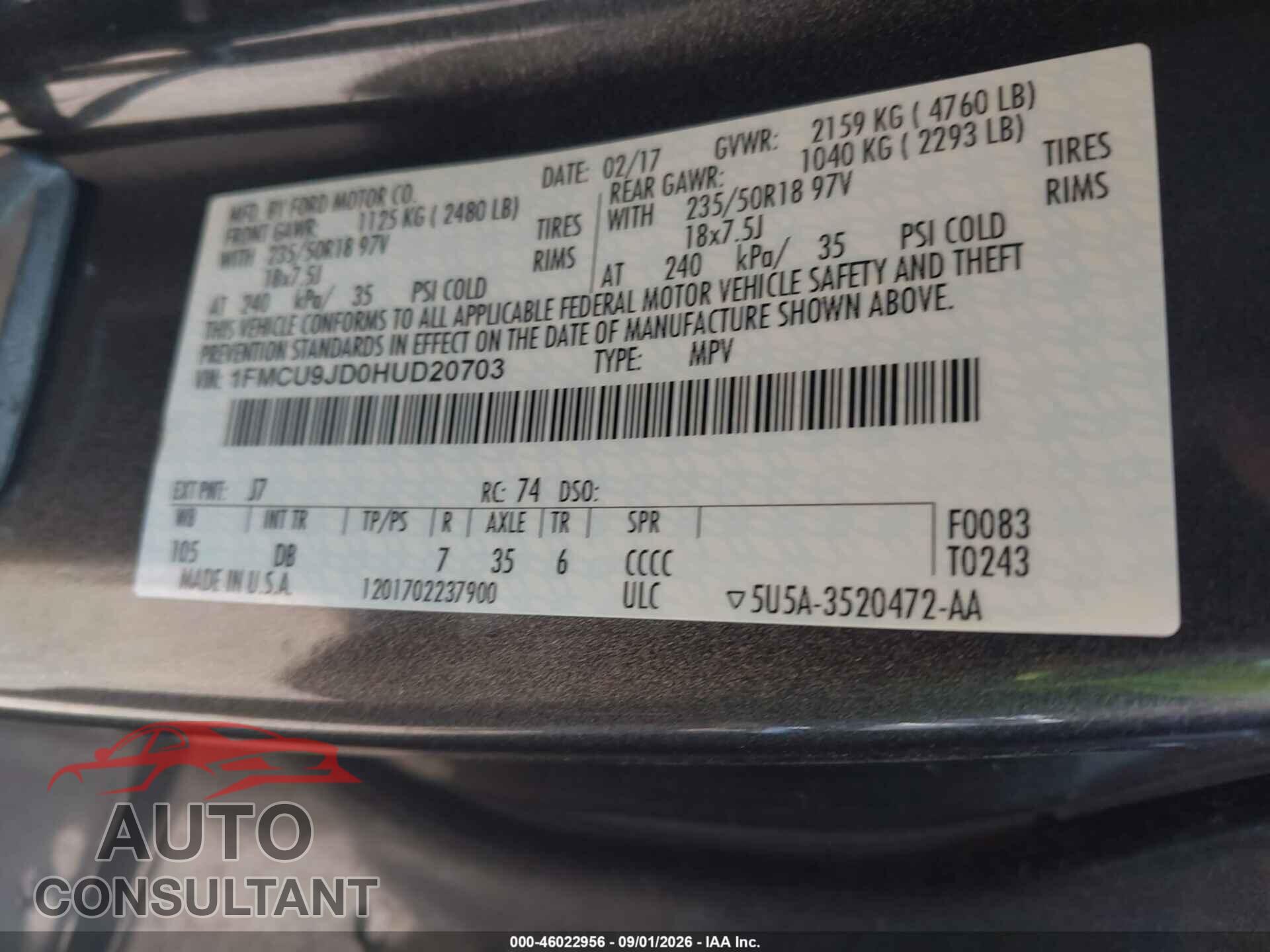 FORD ESCAPE 2017 - 1FMCU9JD0HUD20703
