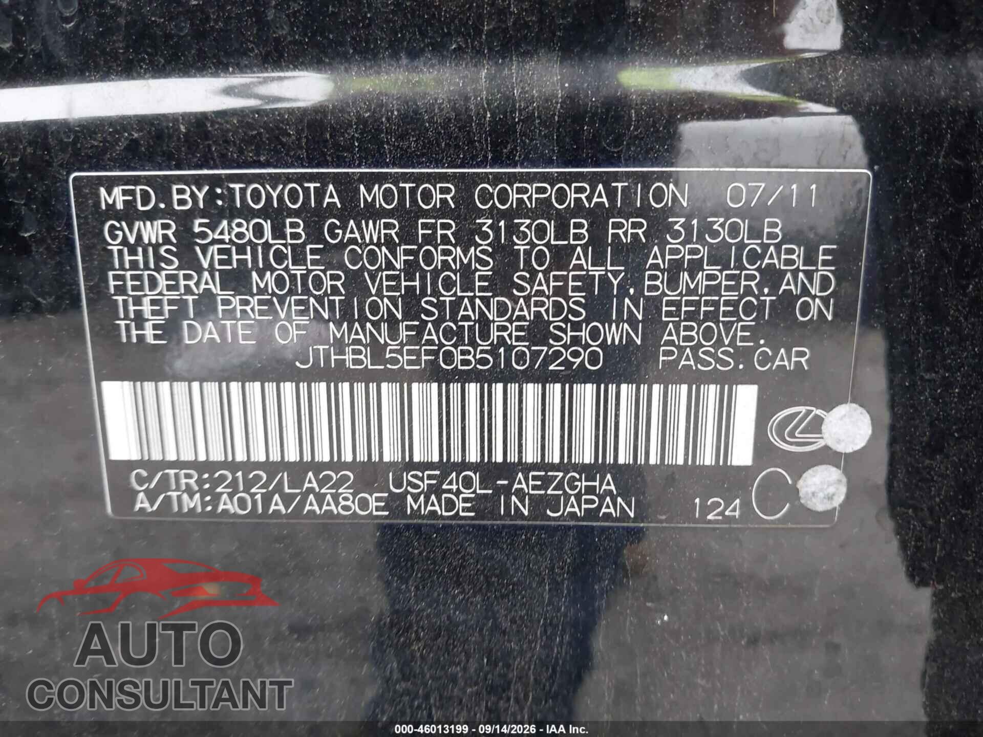 LEXUS LS 460 2011 - JTHBL5EF0B5107290