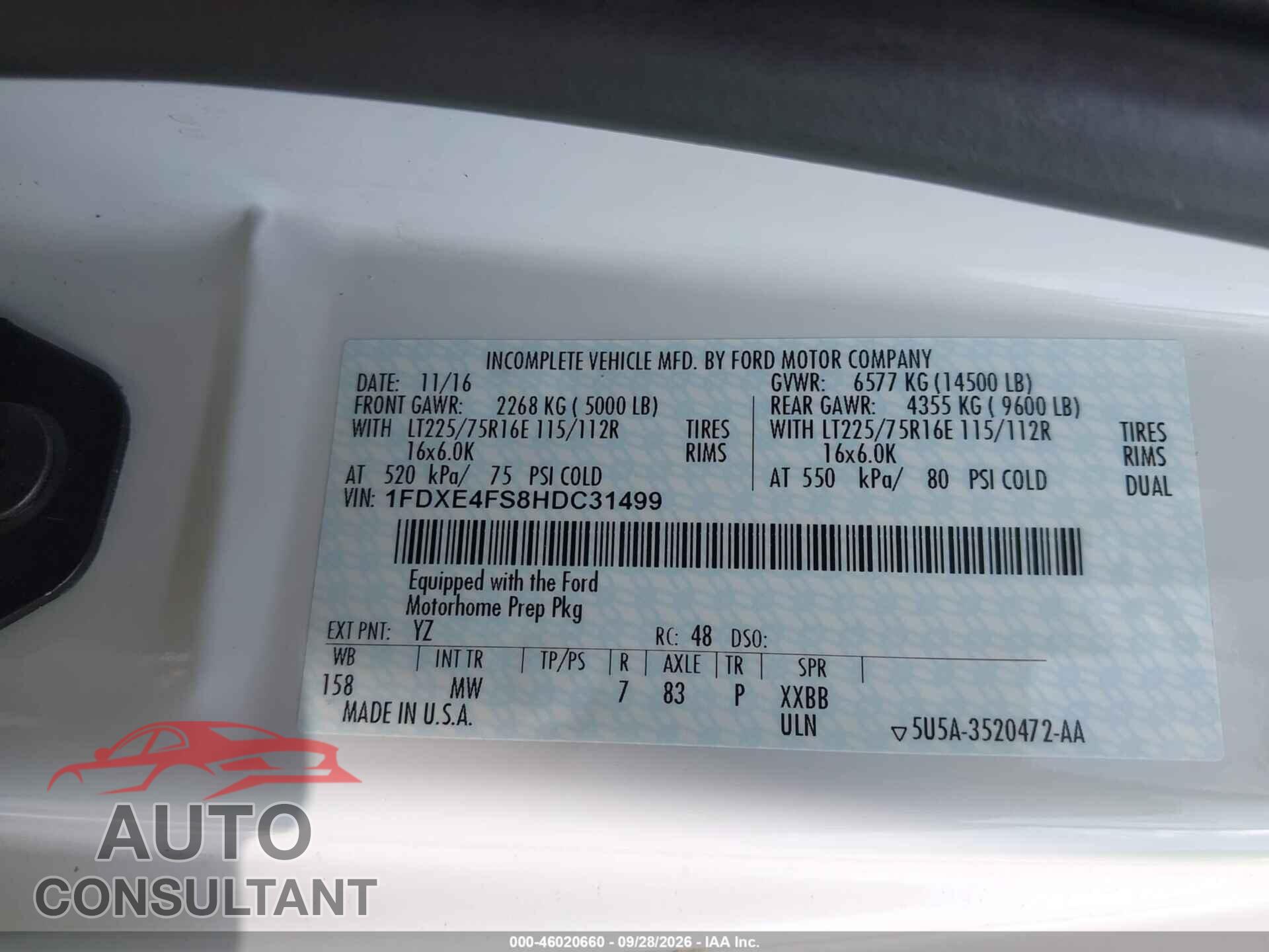 FORD E-450 CUTAWAY 2017 - 1FDXE4FS8HDC31499
