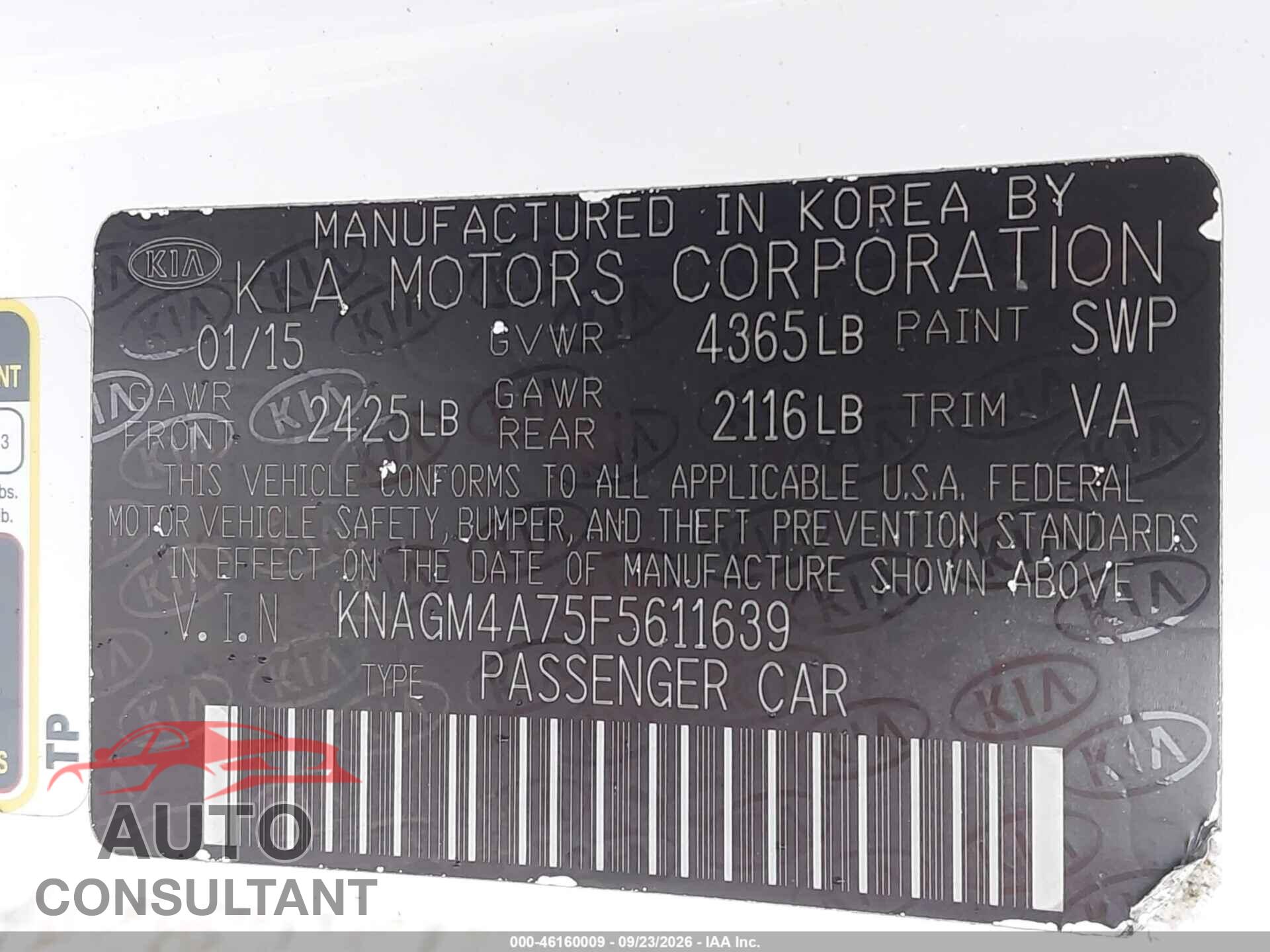 KIA OPTIMA 2015 - KNAGM4A75F5611639