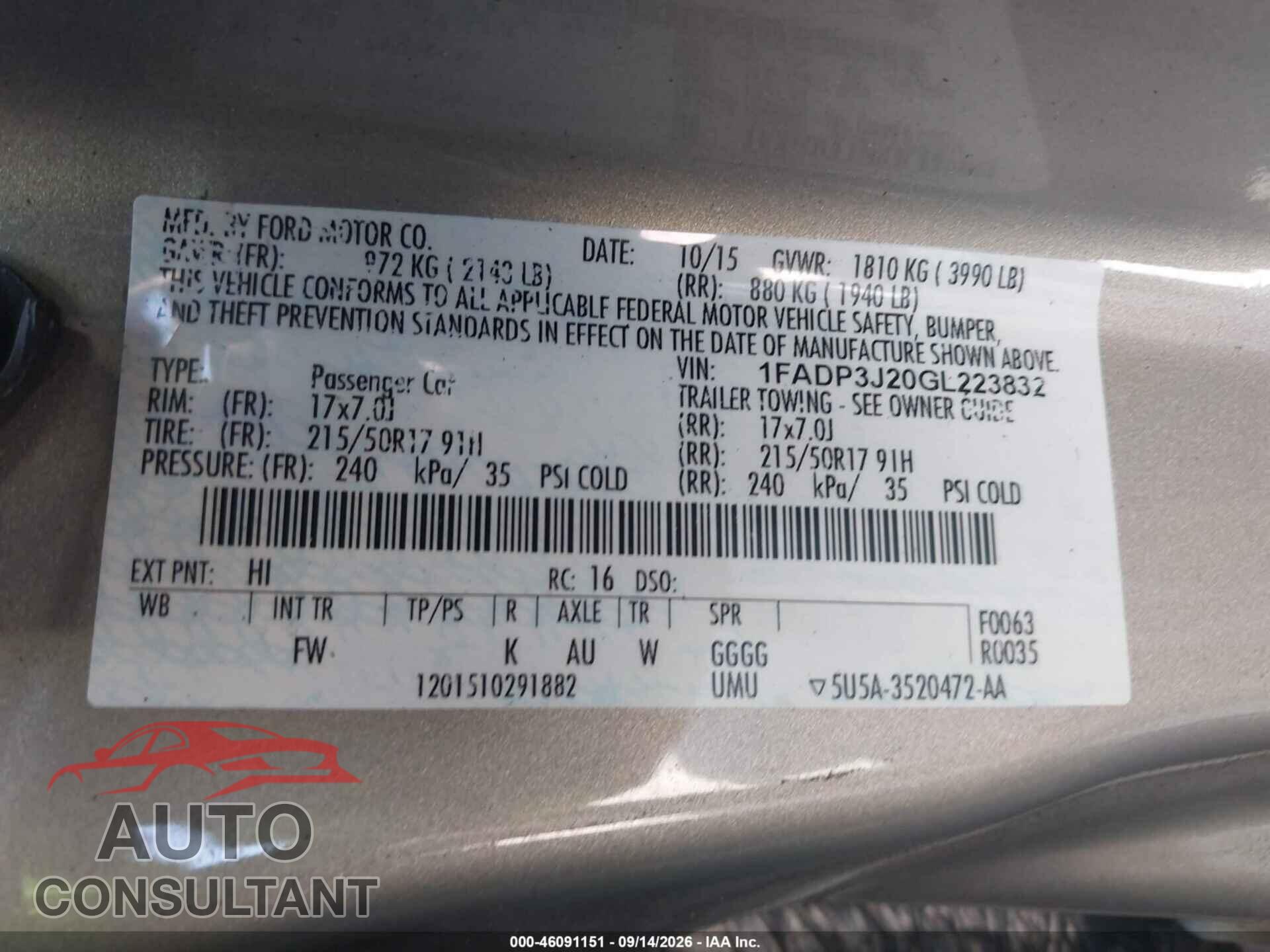 FORD FOCUS 2016 - 1FADP3J20GL223832