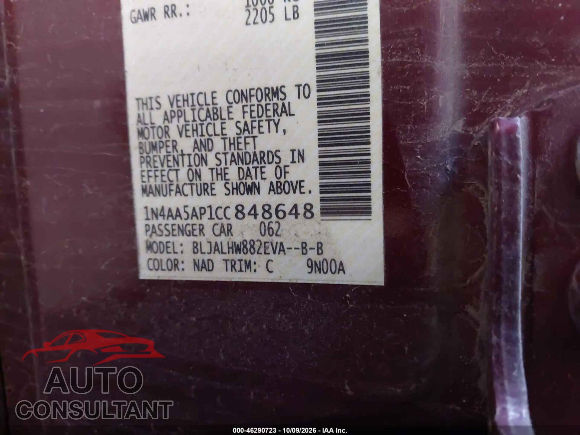 NISSAN MAXIMA 2012 - 1N4AA5AP1CC848648