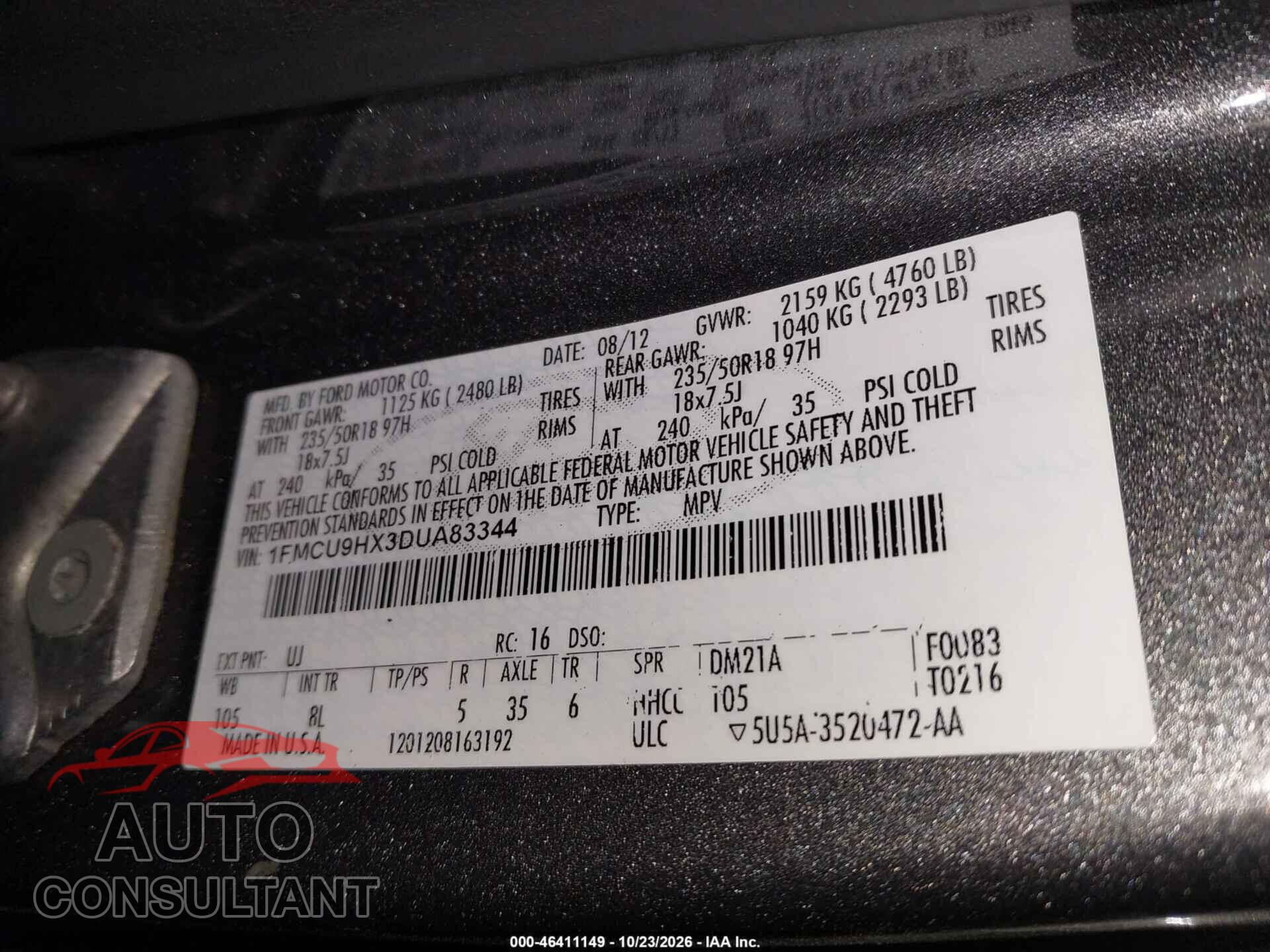 FORD ESCAPE 2013 - 1FMCU9HX3DUA83344